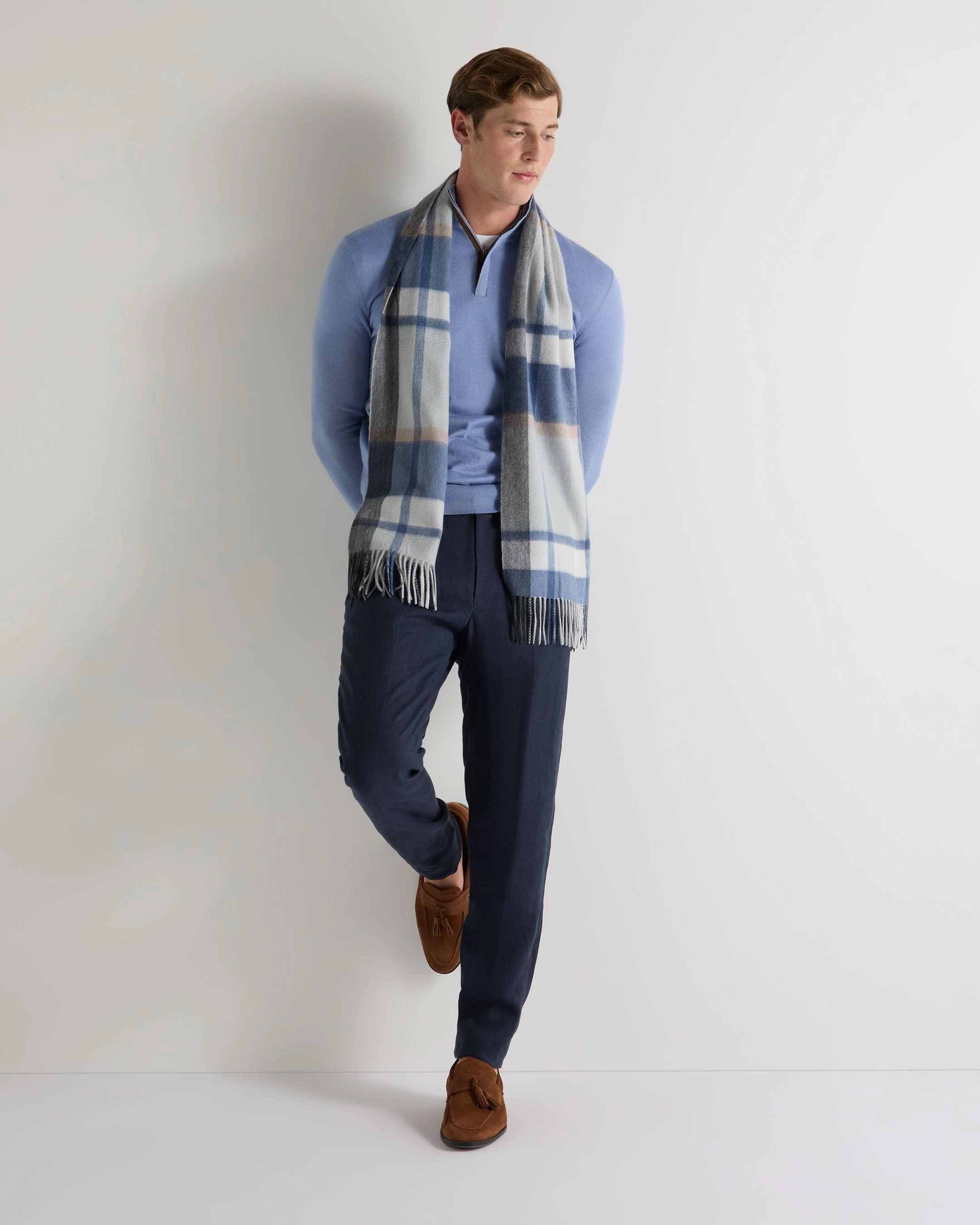 Unisex Cashmere Check Scarf Blue Grey Check - Image 2