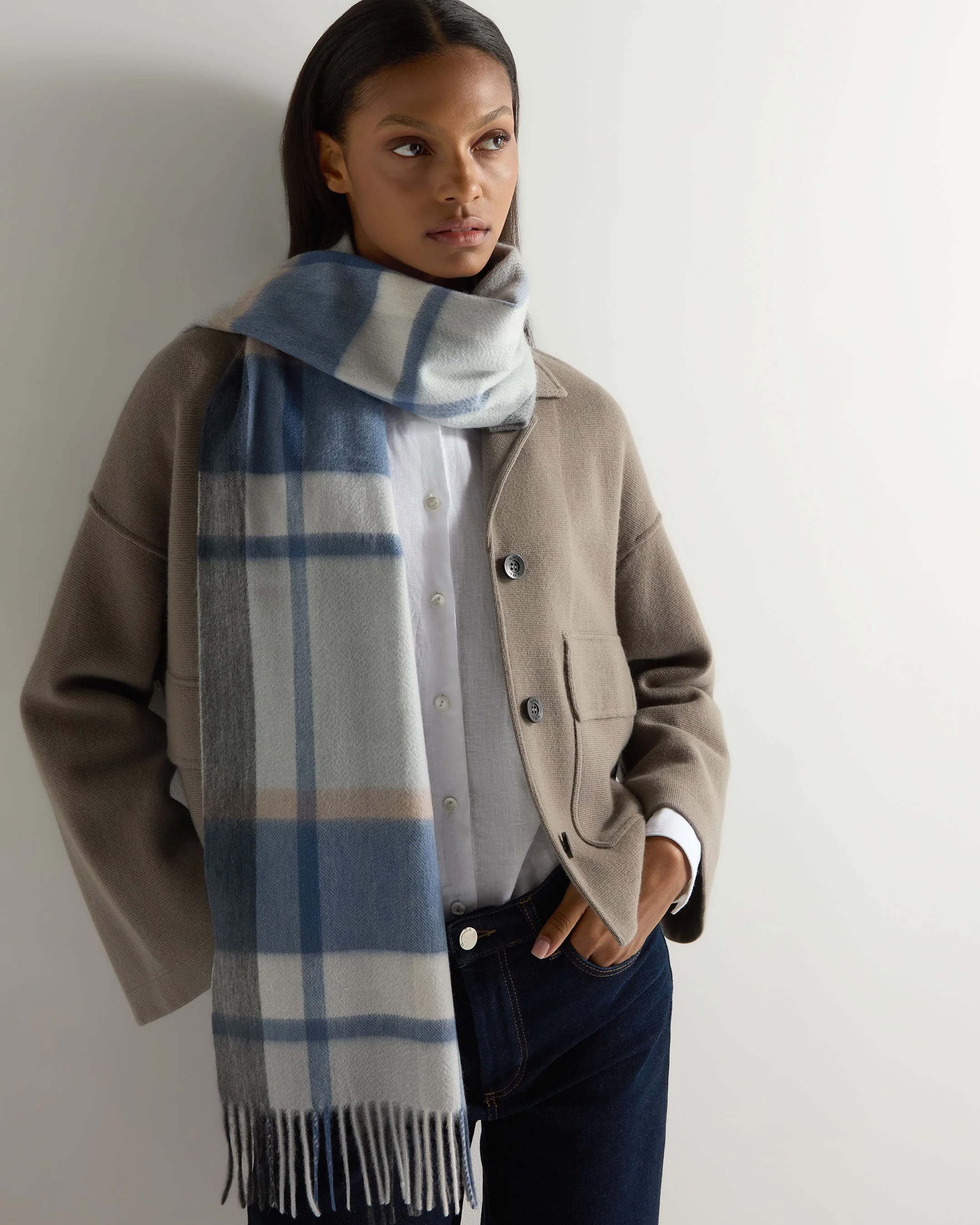 Unisex Cashmere Check Scarf Blue Grey Check - Image 5
