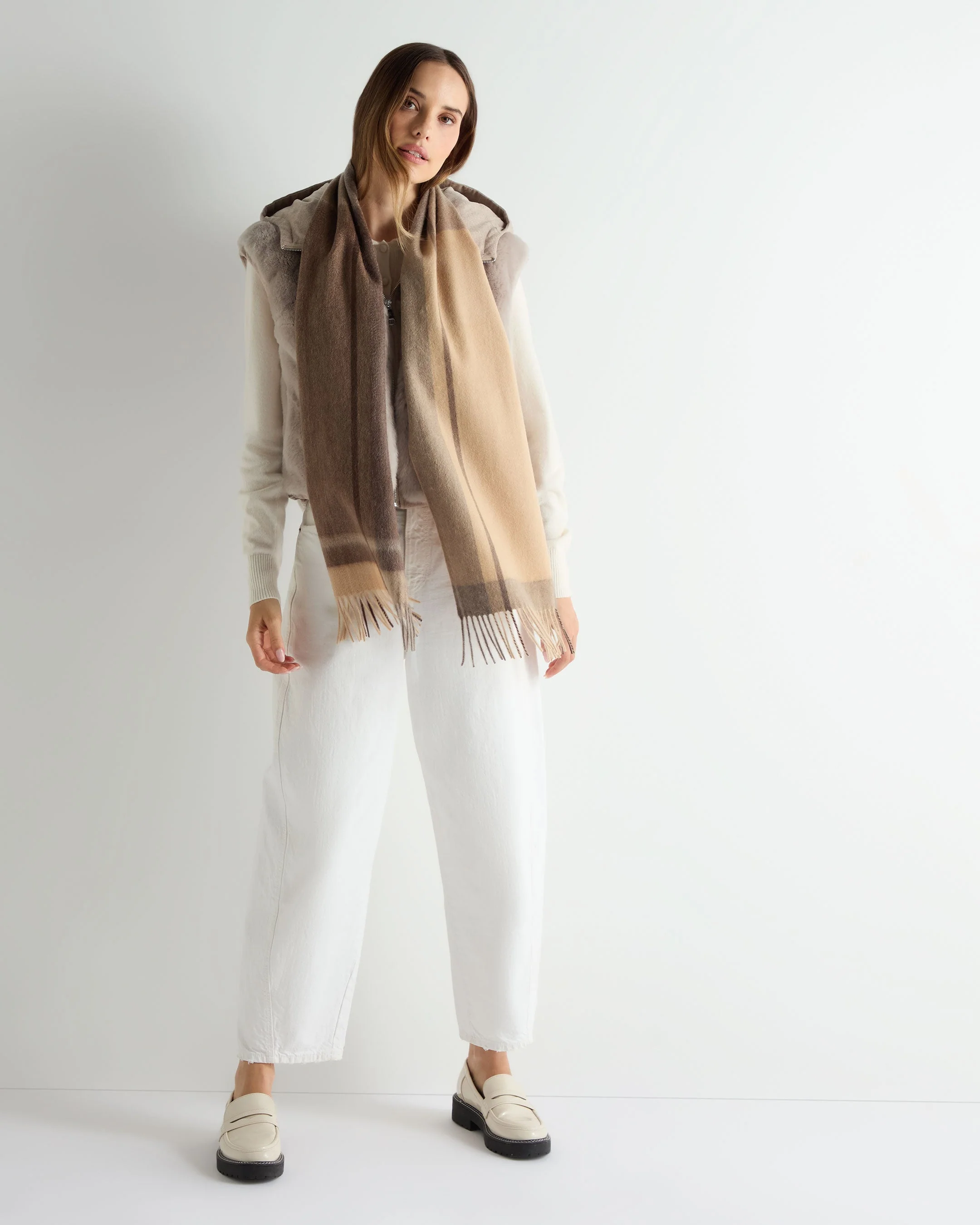 Unisex Cashmere Check Scarf Brown + Camel - Image 3