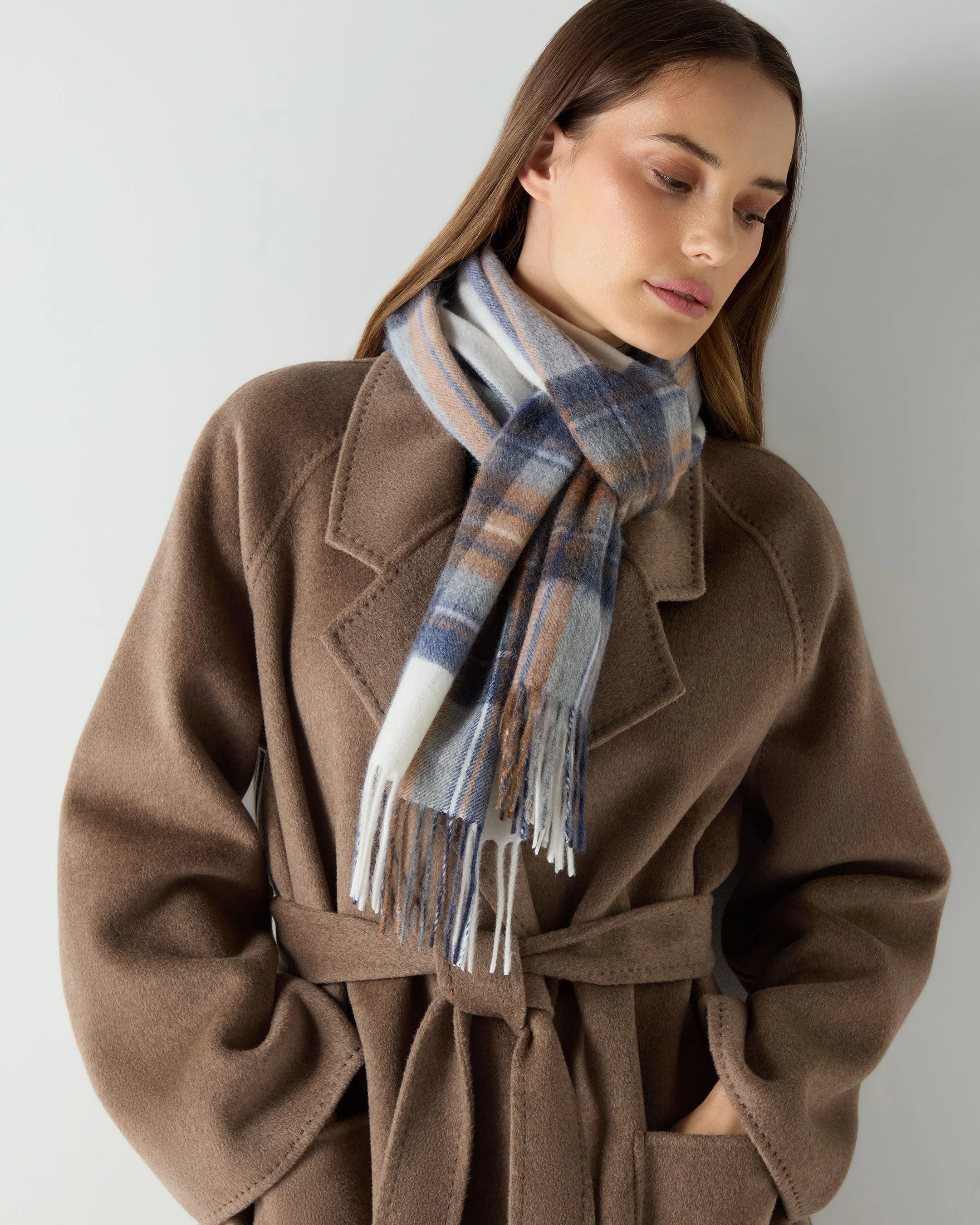Unisex Cashmere Check Scarf Camel + Navy - Image 2