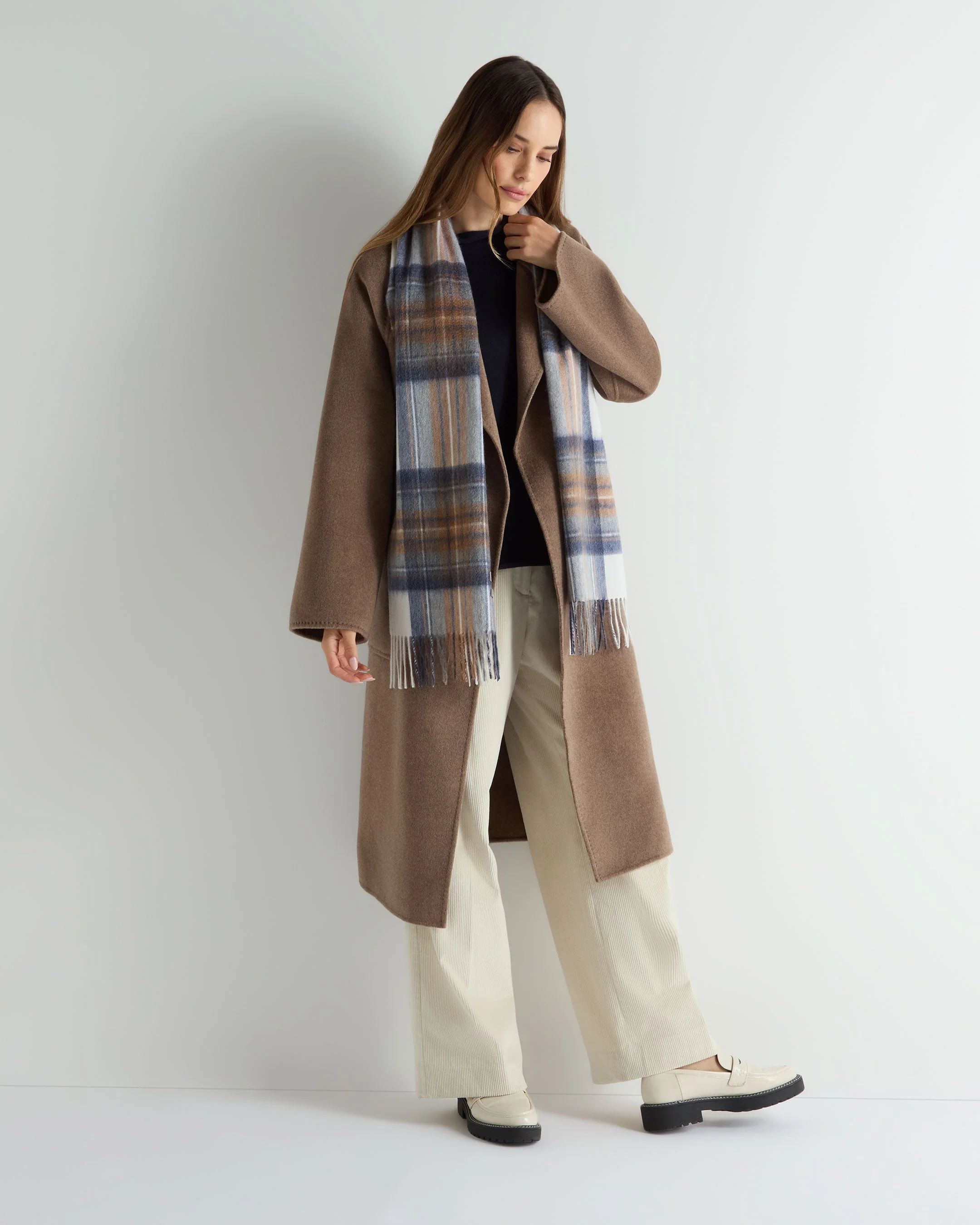 Unisex Cashmere Check Scarf Camel + Navy - Image 3