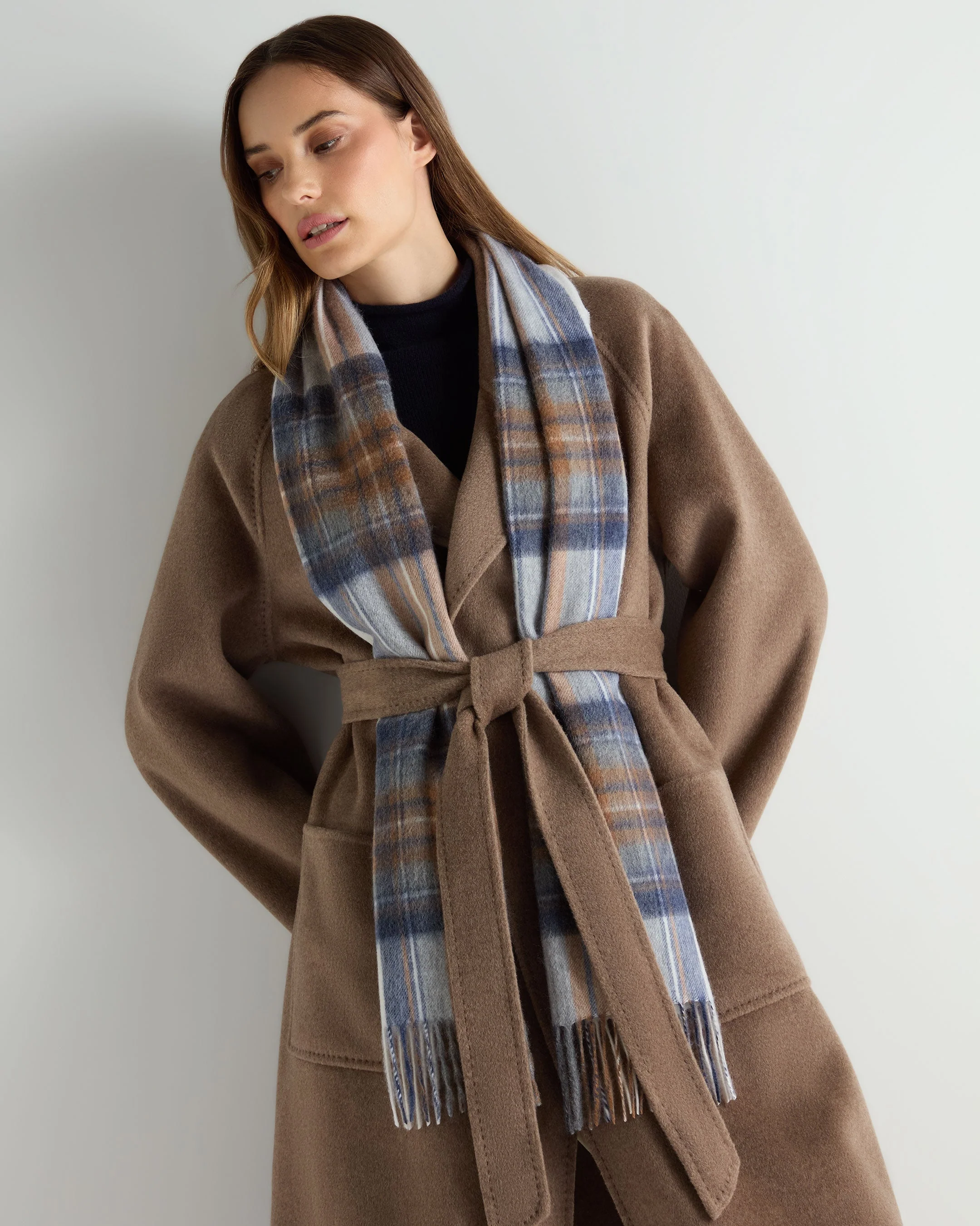 Unisex Cashmere Check Scarf Camel + Navy - Image 4