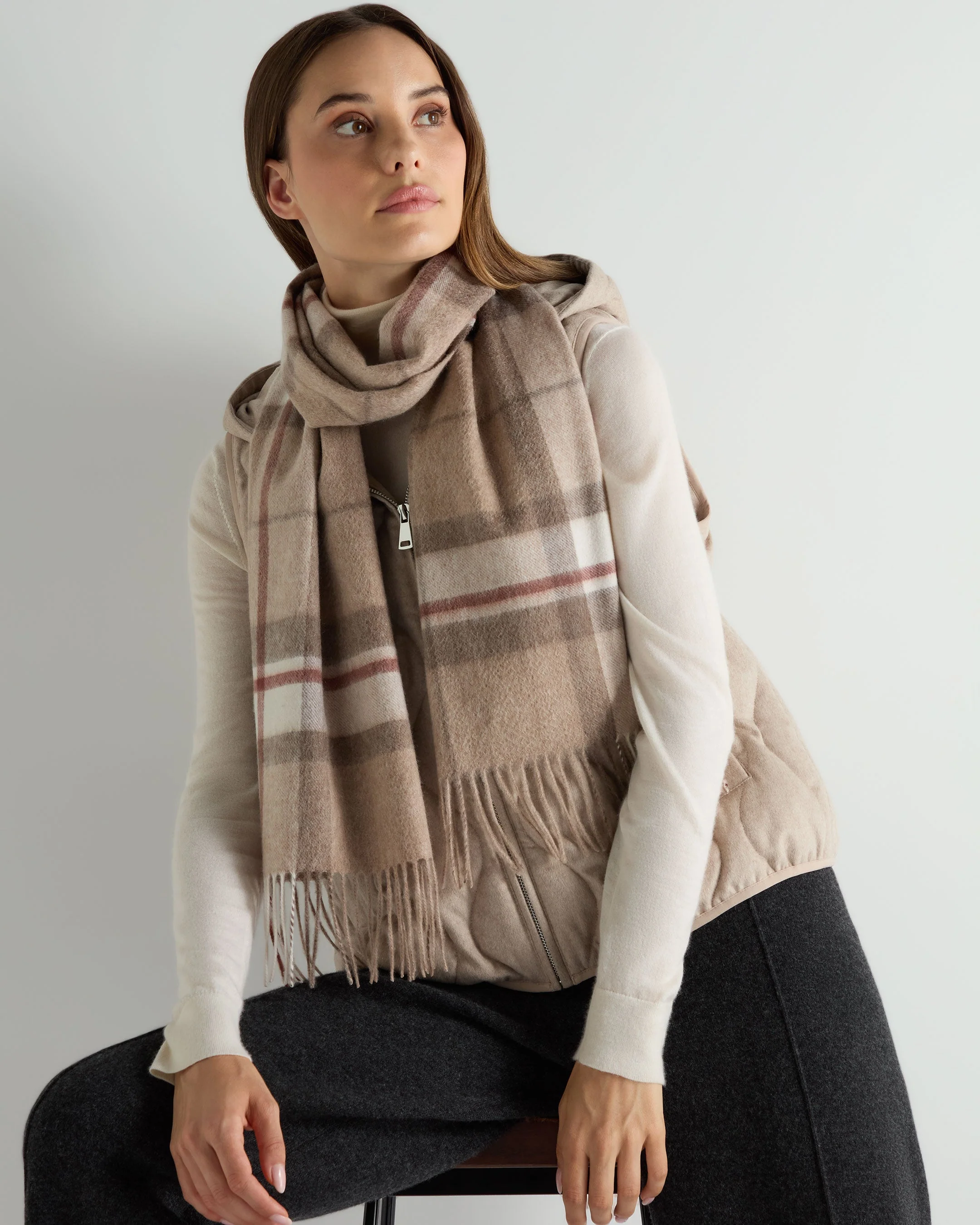 Unisex Cashmere Check Scarf Camel + Sand - Image 2