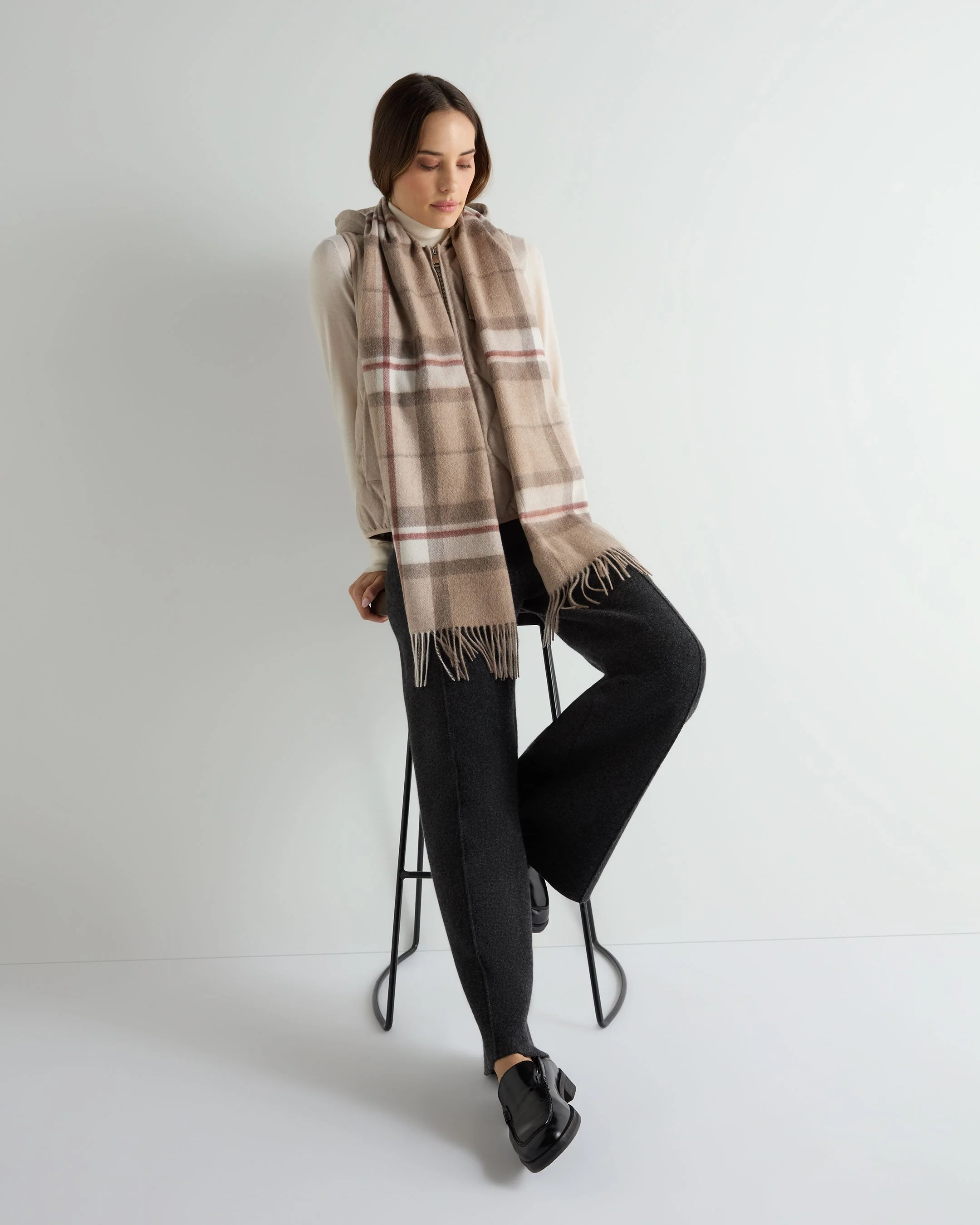 Unisex Cashmere Check Scarf Camel + Sand - Image 3