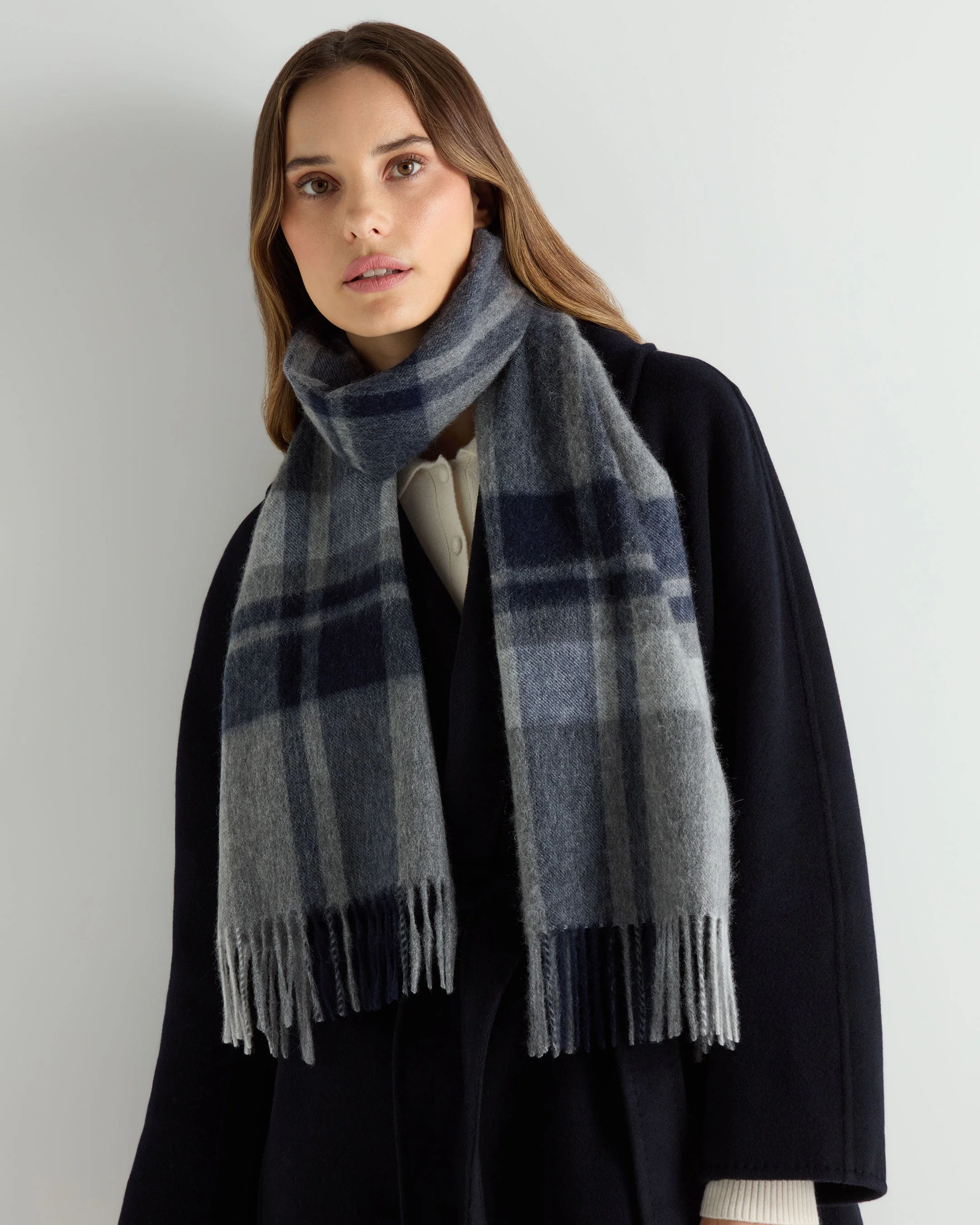 Unisex Cashmere Check Scarf Grey + Navy - Image 2