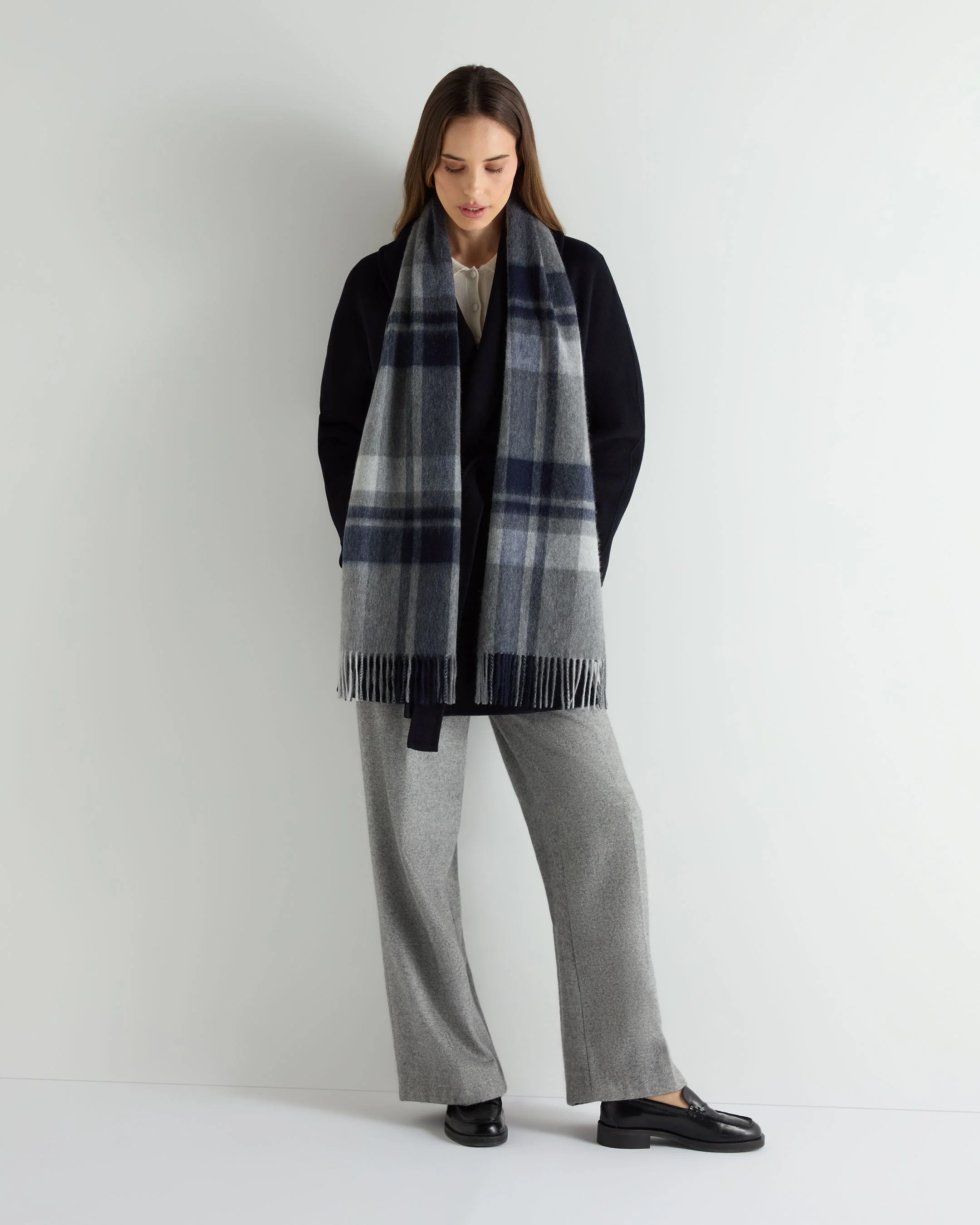 Unisex Cashmere Check Scarf Grey + Navy - Image 3