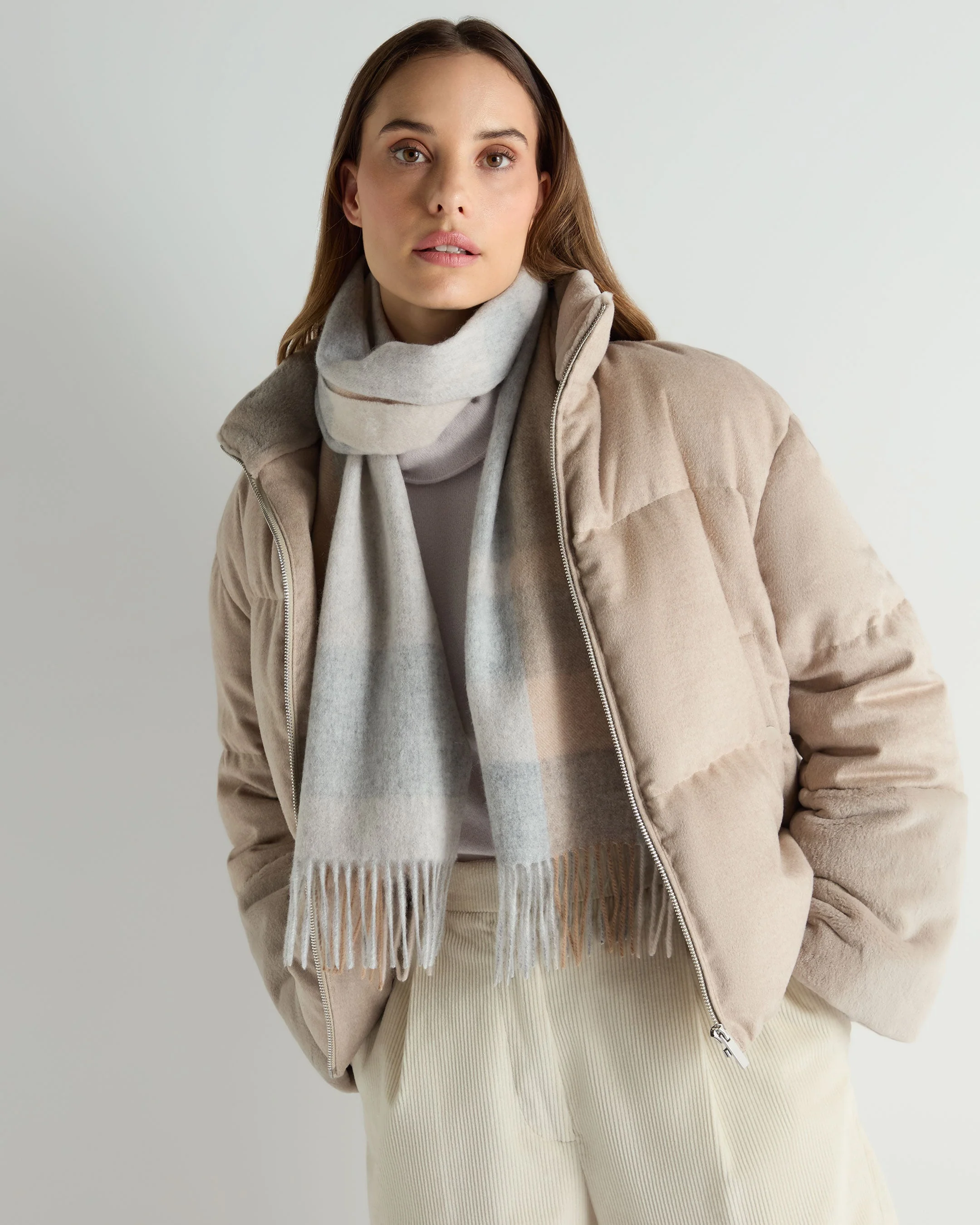 Unisex Cashmere Check Scarf Light Grey + Camel - Image 2