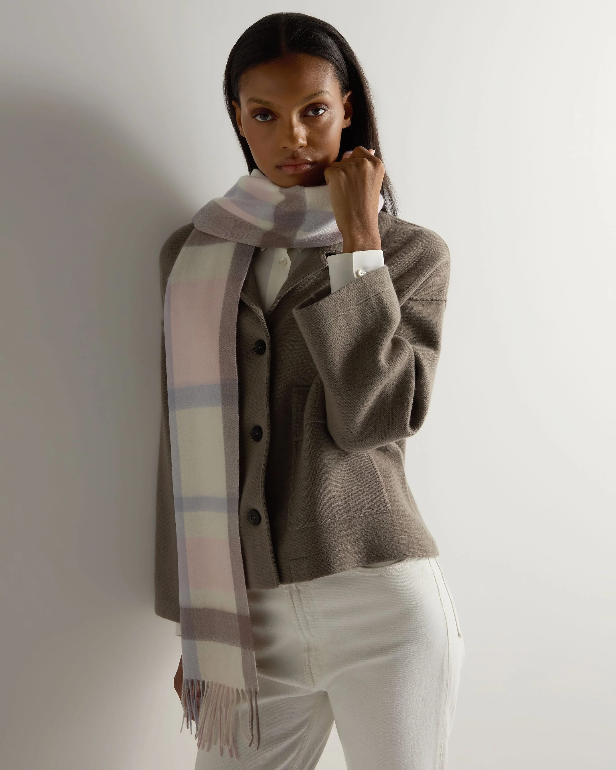 Unisex Cashmere Check Scarf Oatmeal + Grey Check - Image 2