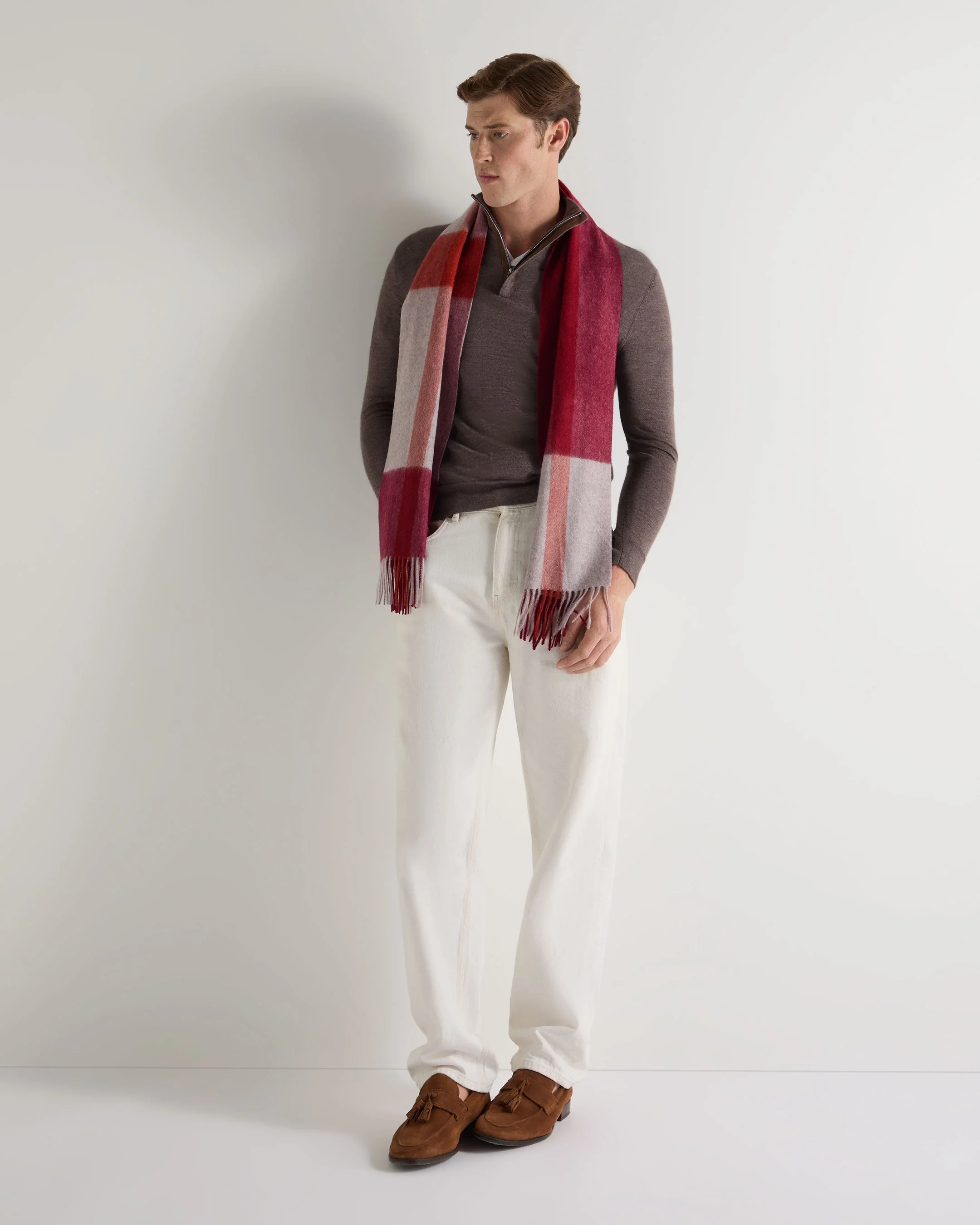 Unisex Cashmere Check Scarf Red + Grey - Image 2