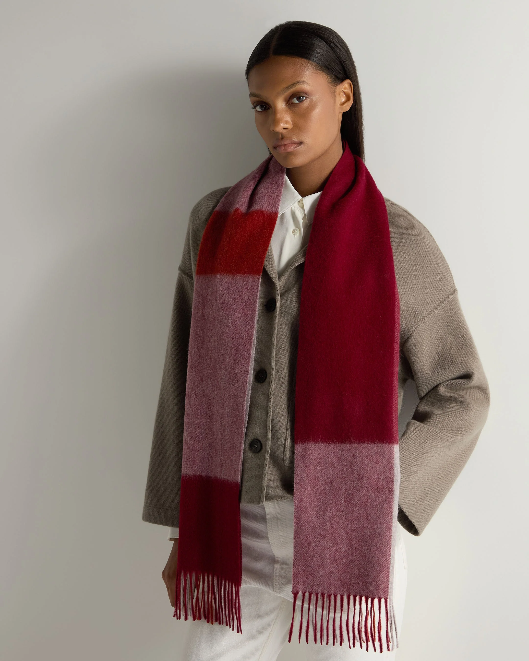 Unisex Cashmere Check Scarf Red + Grey - Image 3