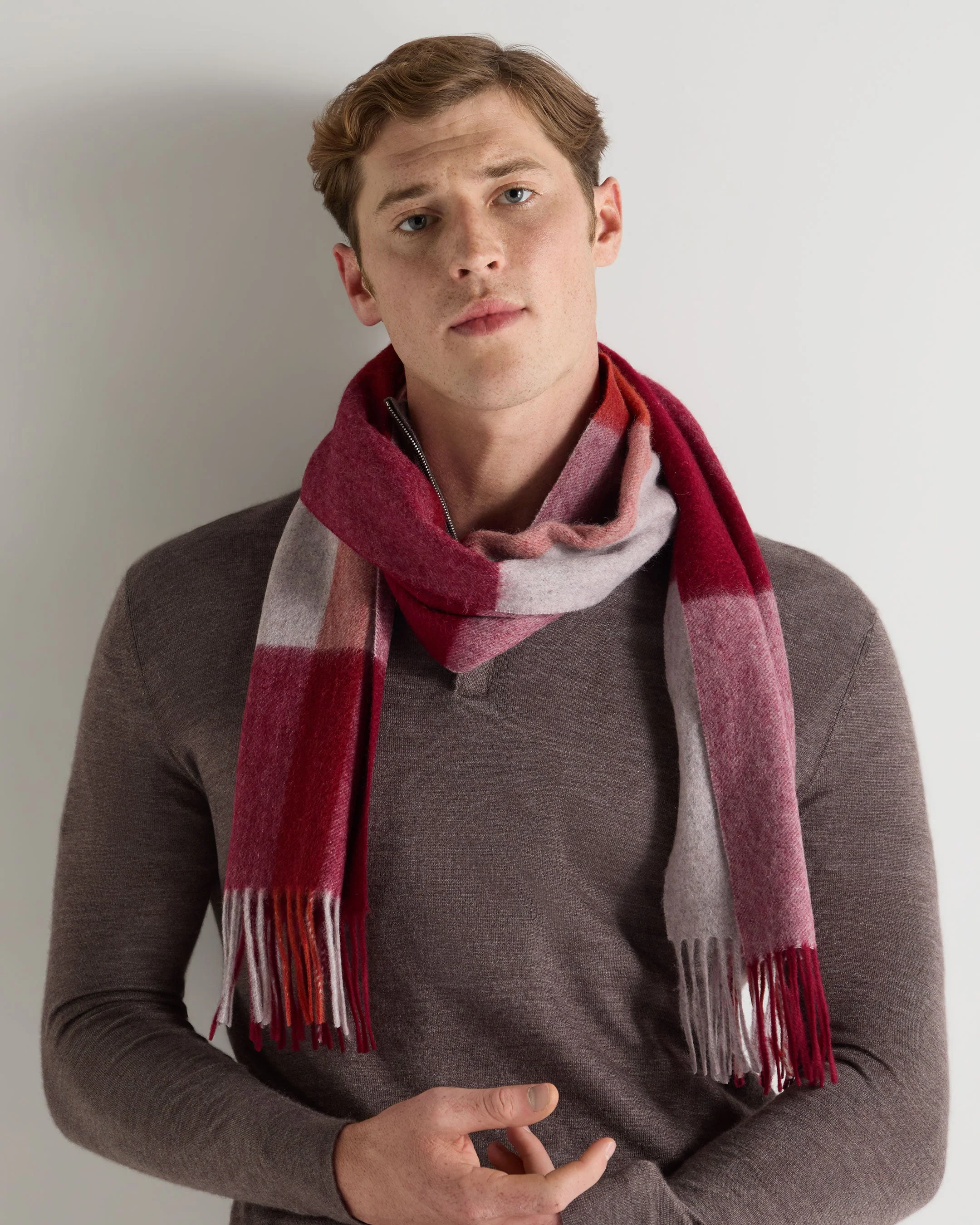 Unisex Cashmere Check Scarf Red + Grey - Image 4