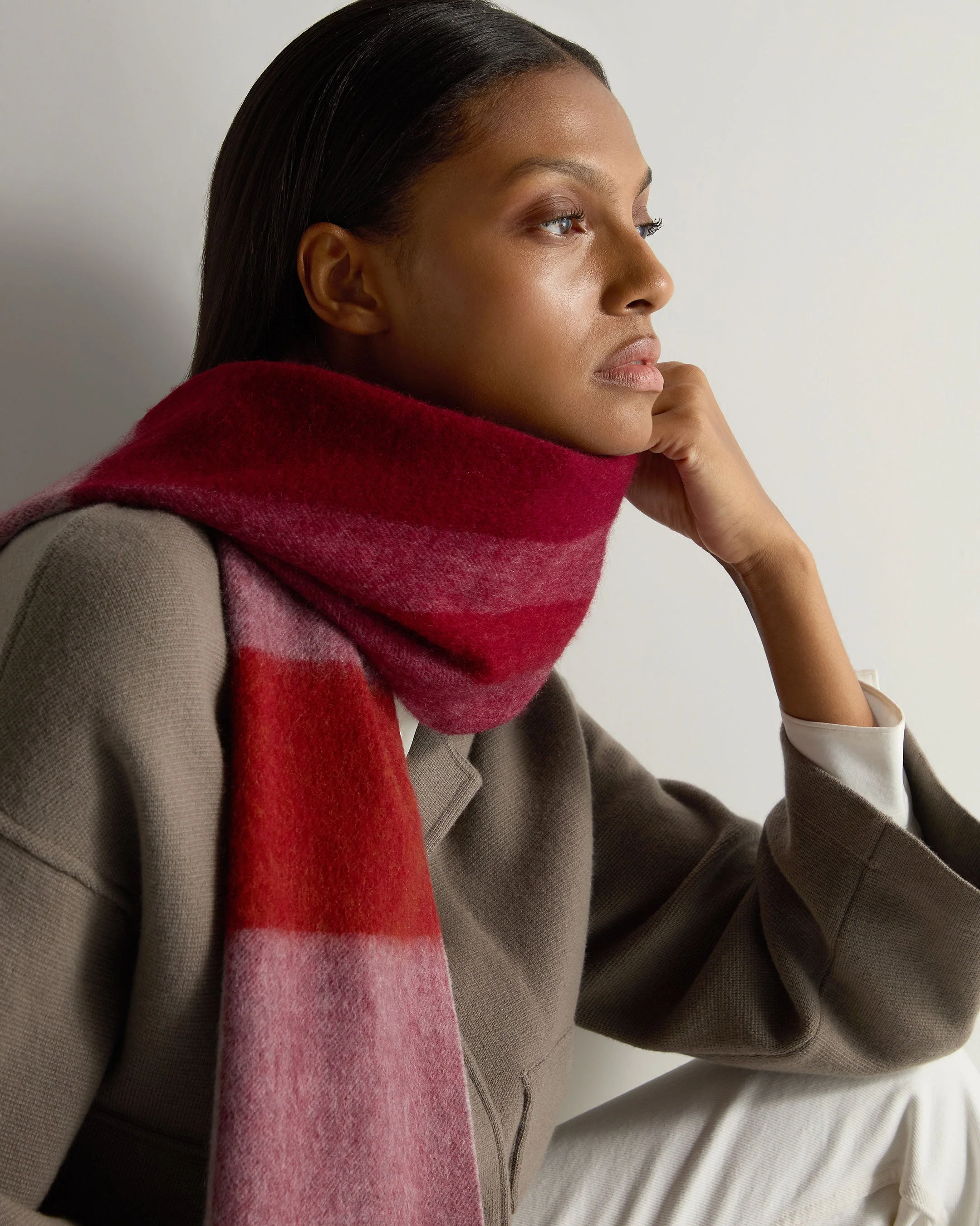 Unisex Cashmere Check Scarf Red + Grey - Image 6