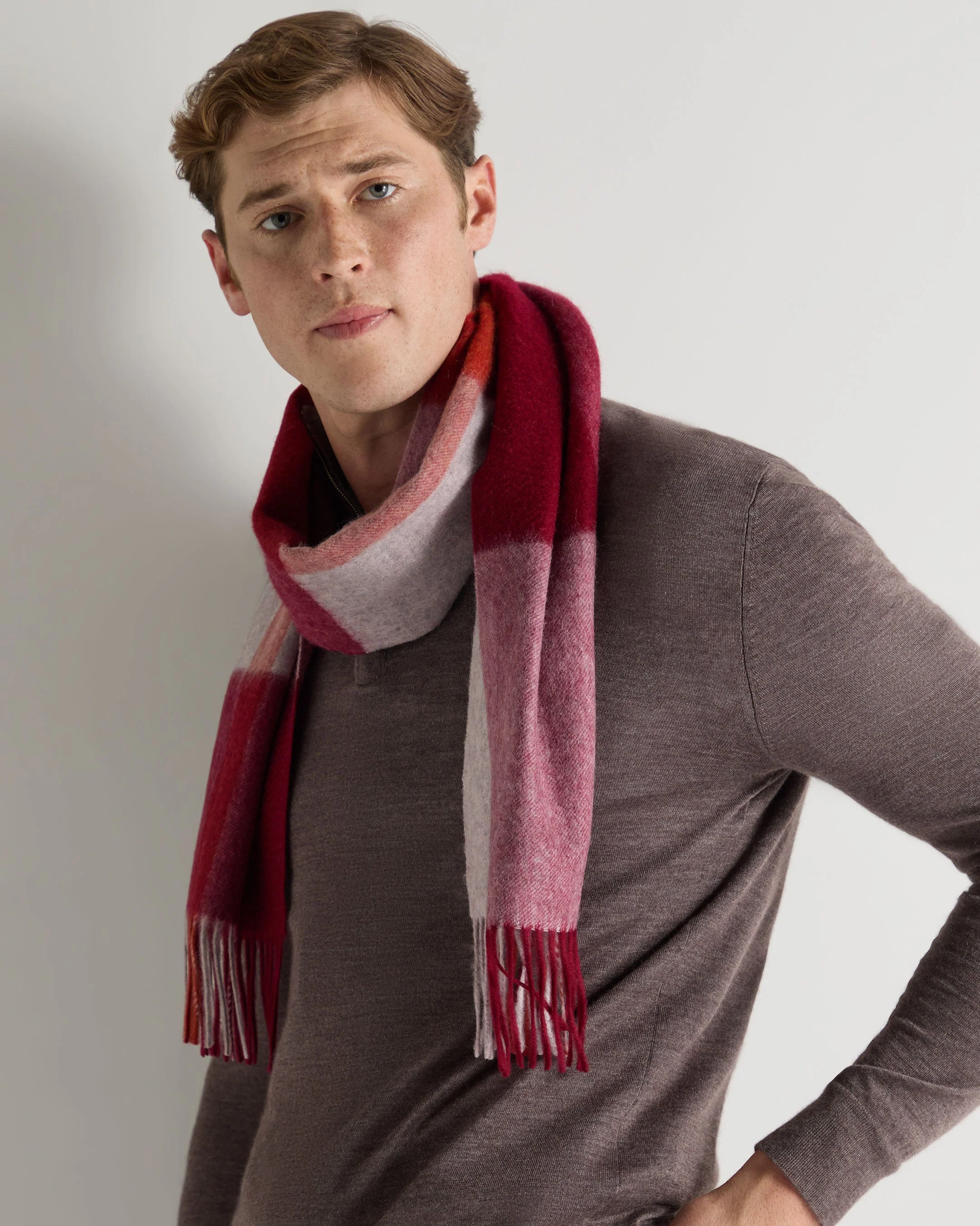 Unisex Cashmere Check Scarf Red + Grey - Image 7