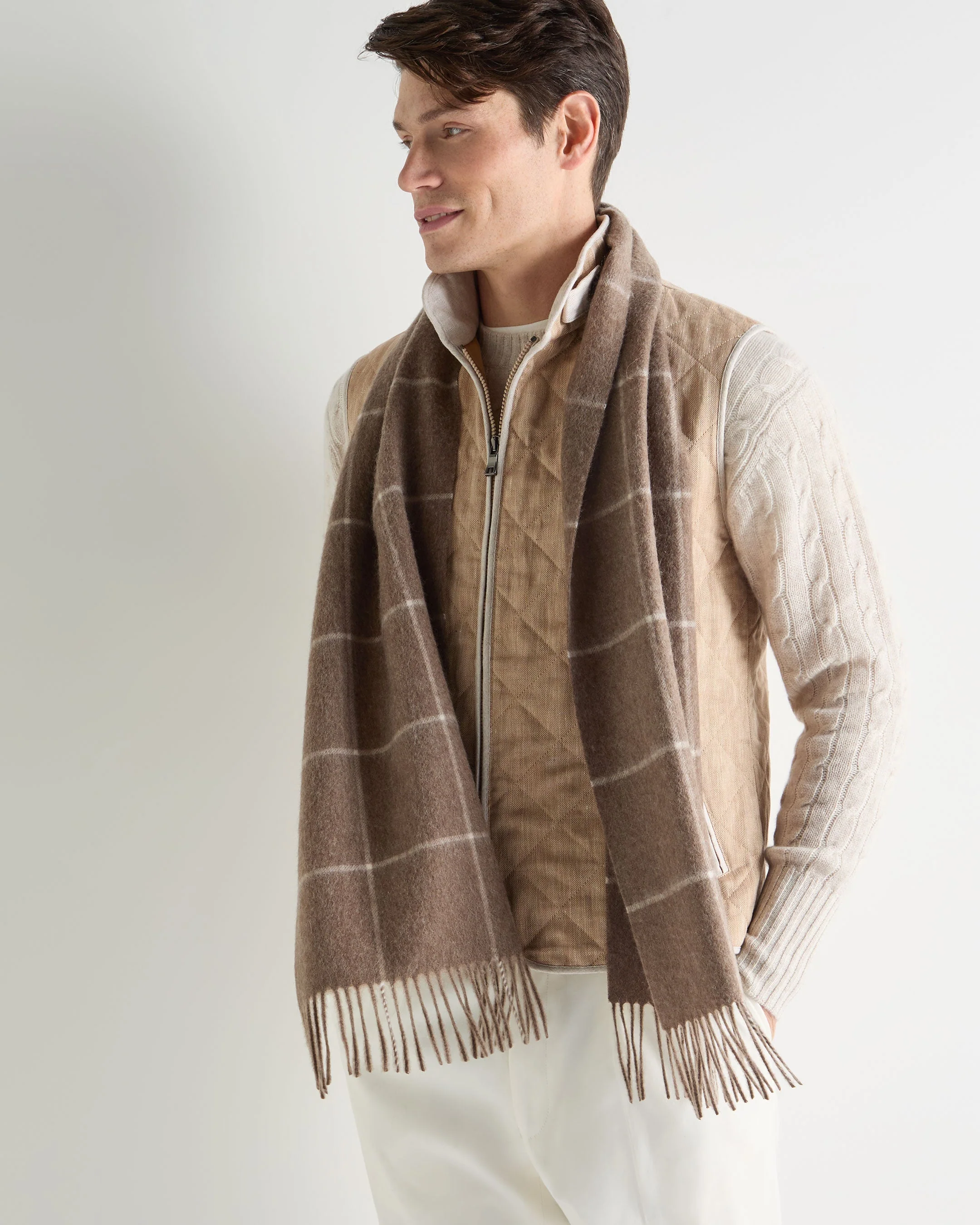 Unisex Cashmere Check Scarf Taupe Brown + Natural Brown - Image 2