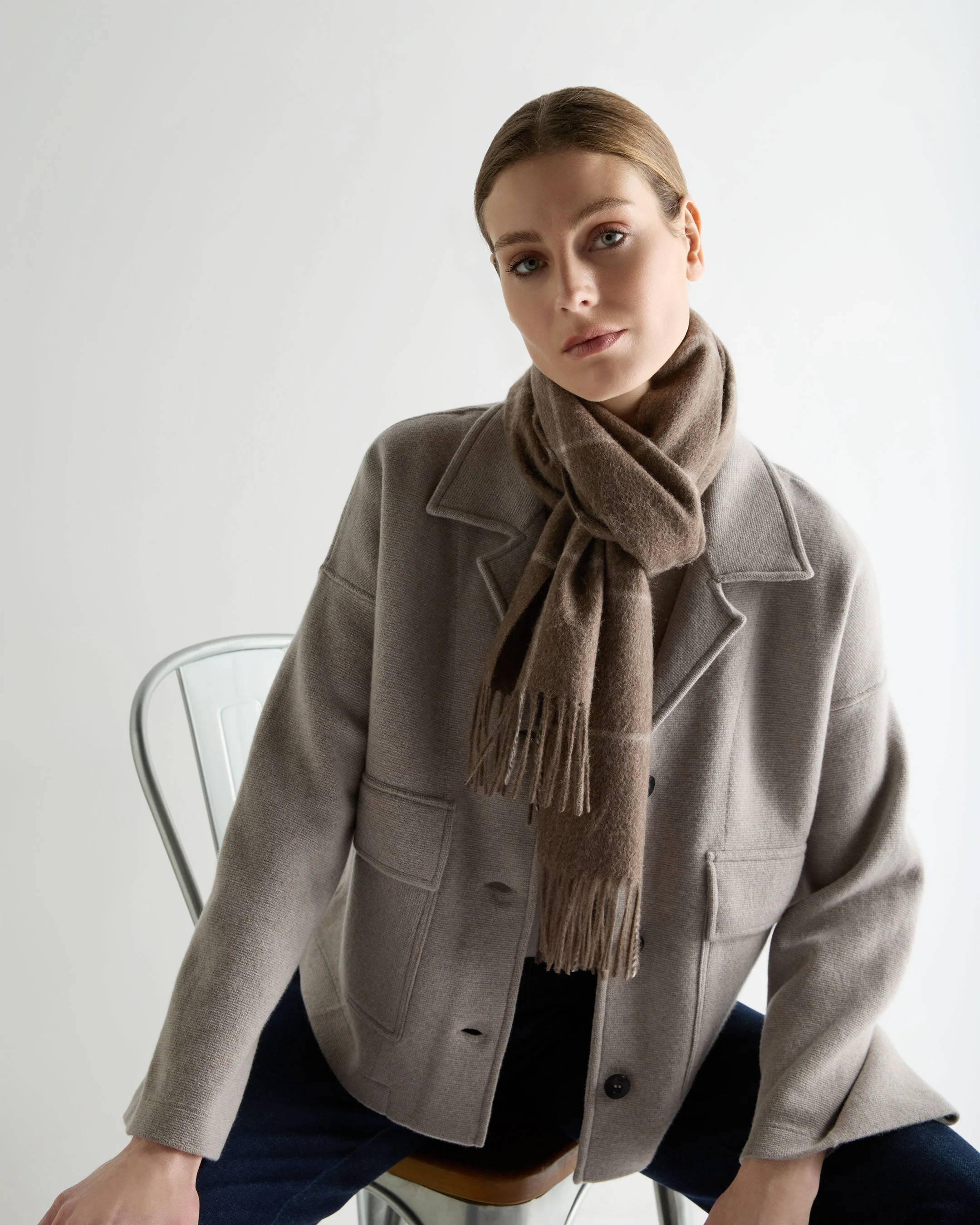 Unisex Cashmere Check Scarf Taupe Brown + Natural Brown - Image 5