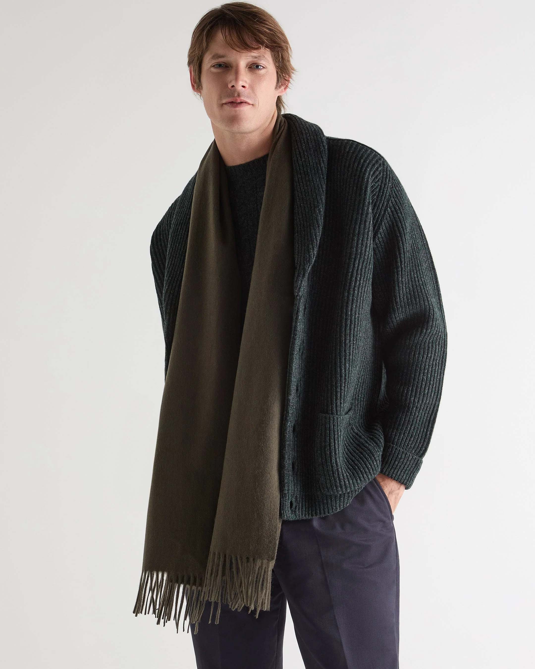 Unisex Large Woven Cashmere Scarf Arabica Khaki Green - Image 2