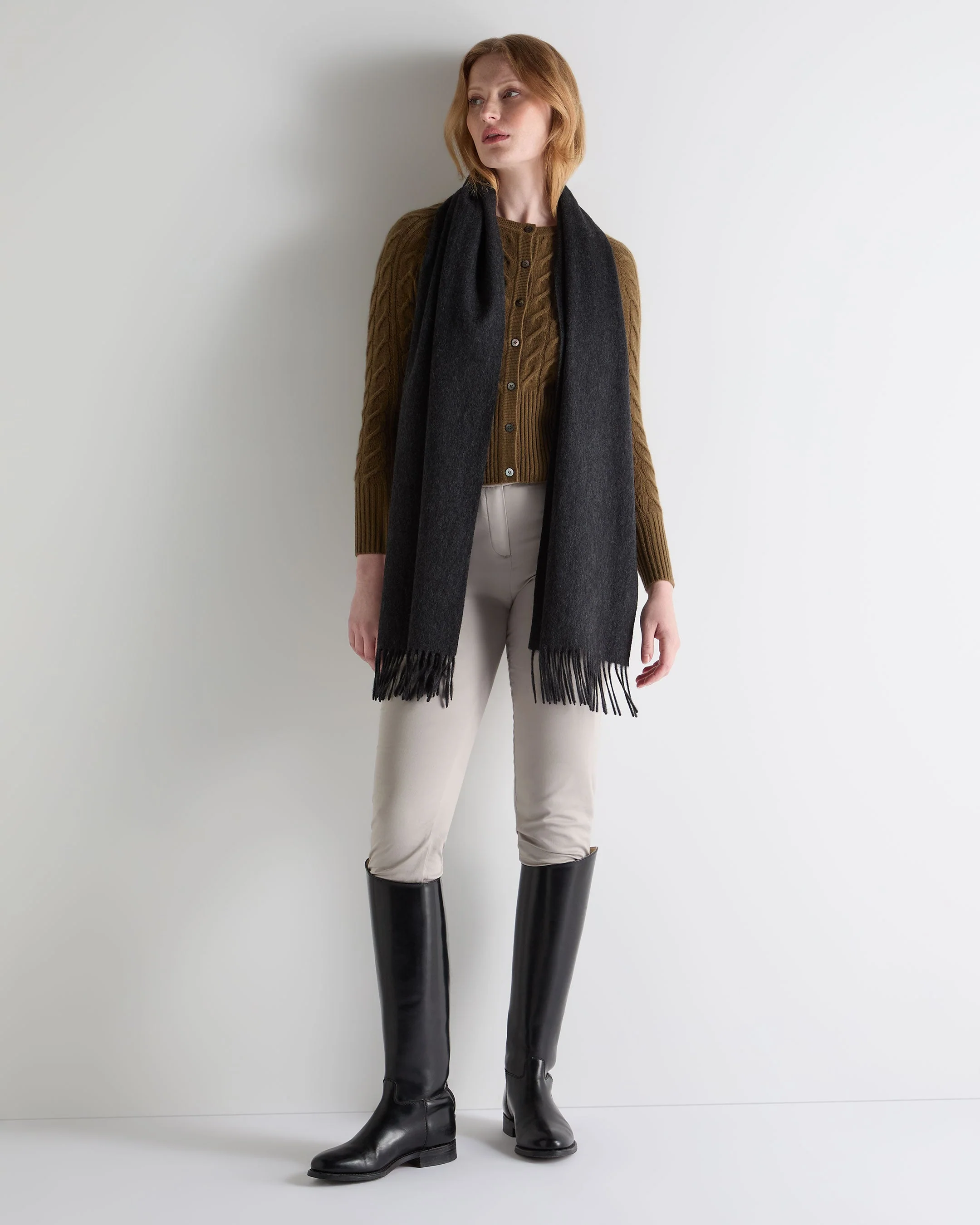 Unisex Large Woven Cashmere Scarf Deep Charcoal Grey - Image 4