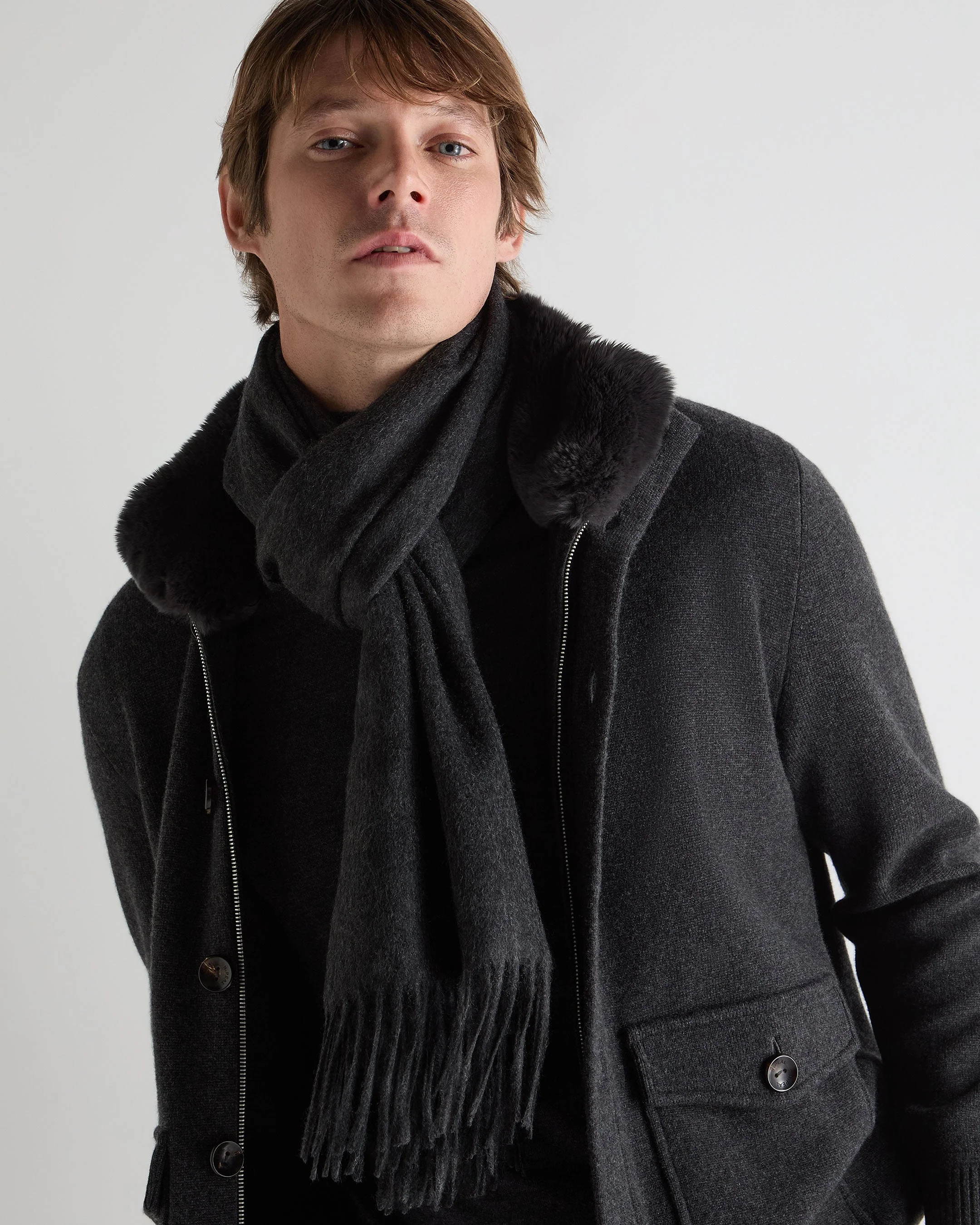 Unisex Large Woven Cashmere Scarf Deep Charcoal Grey - Image 5