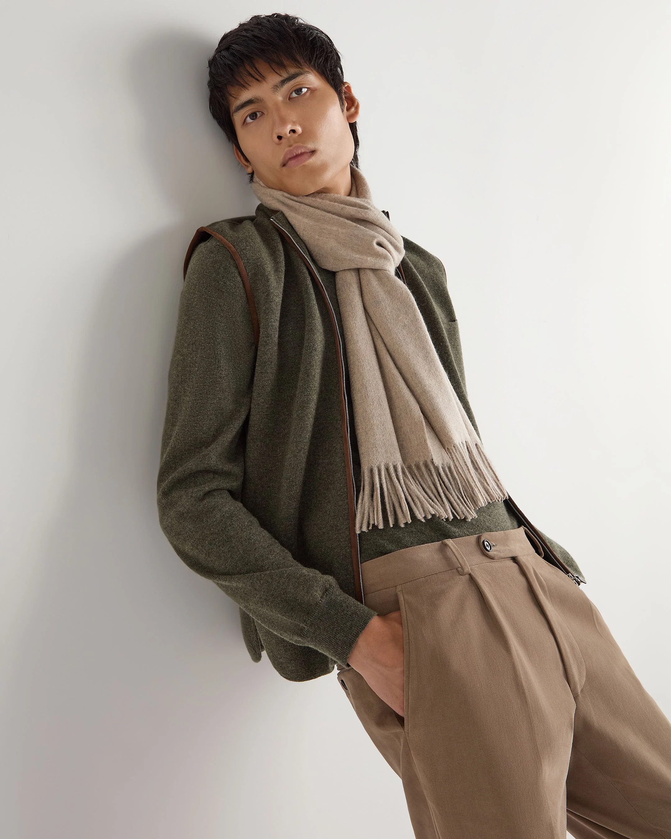 Unisex Large Woven Cashmere Scarf Oatmeal Brown - Image 3