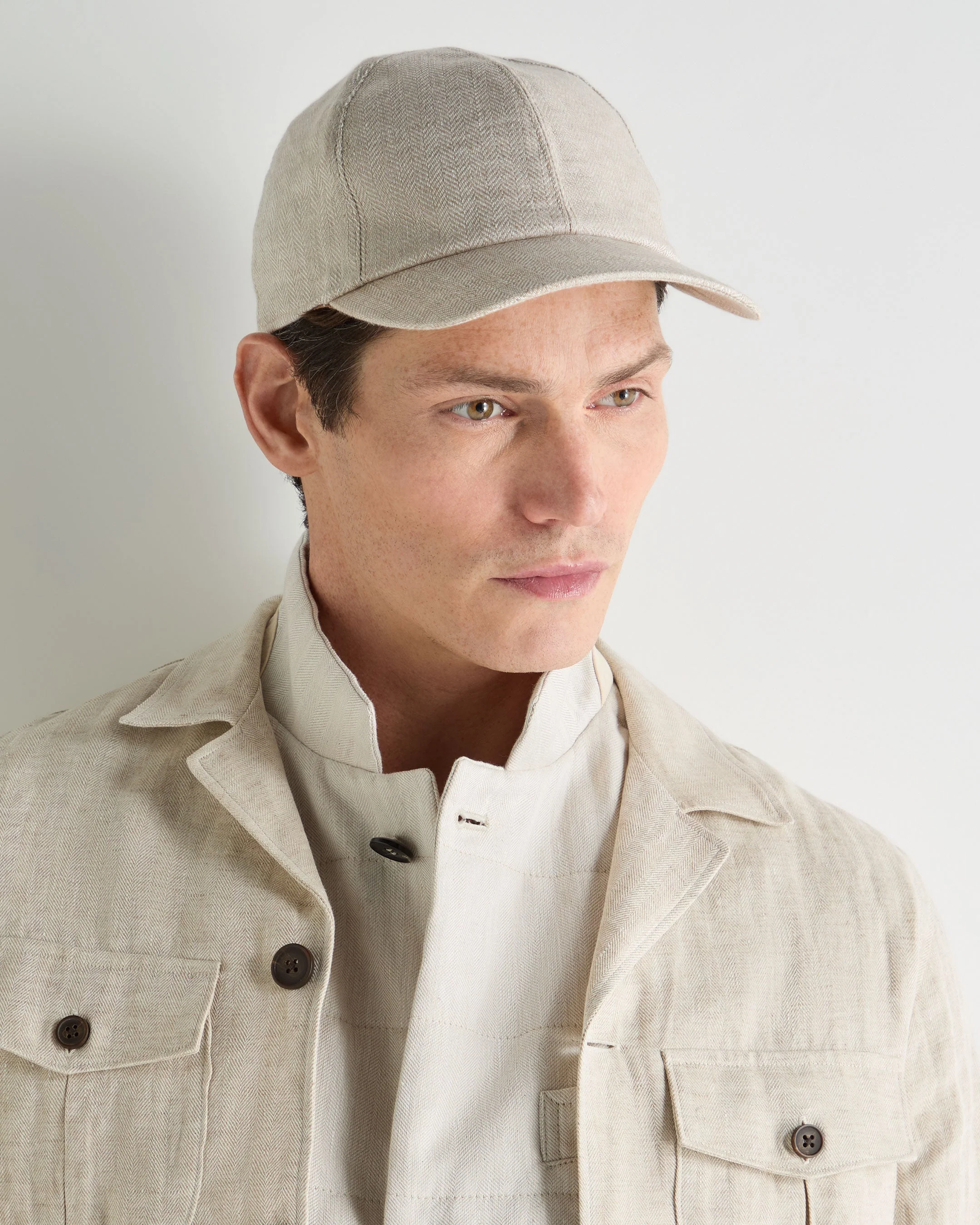 Unisex Linen Herringbone Cap Ecru White - Image 3
