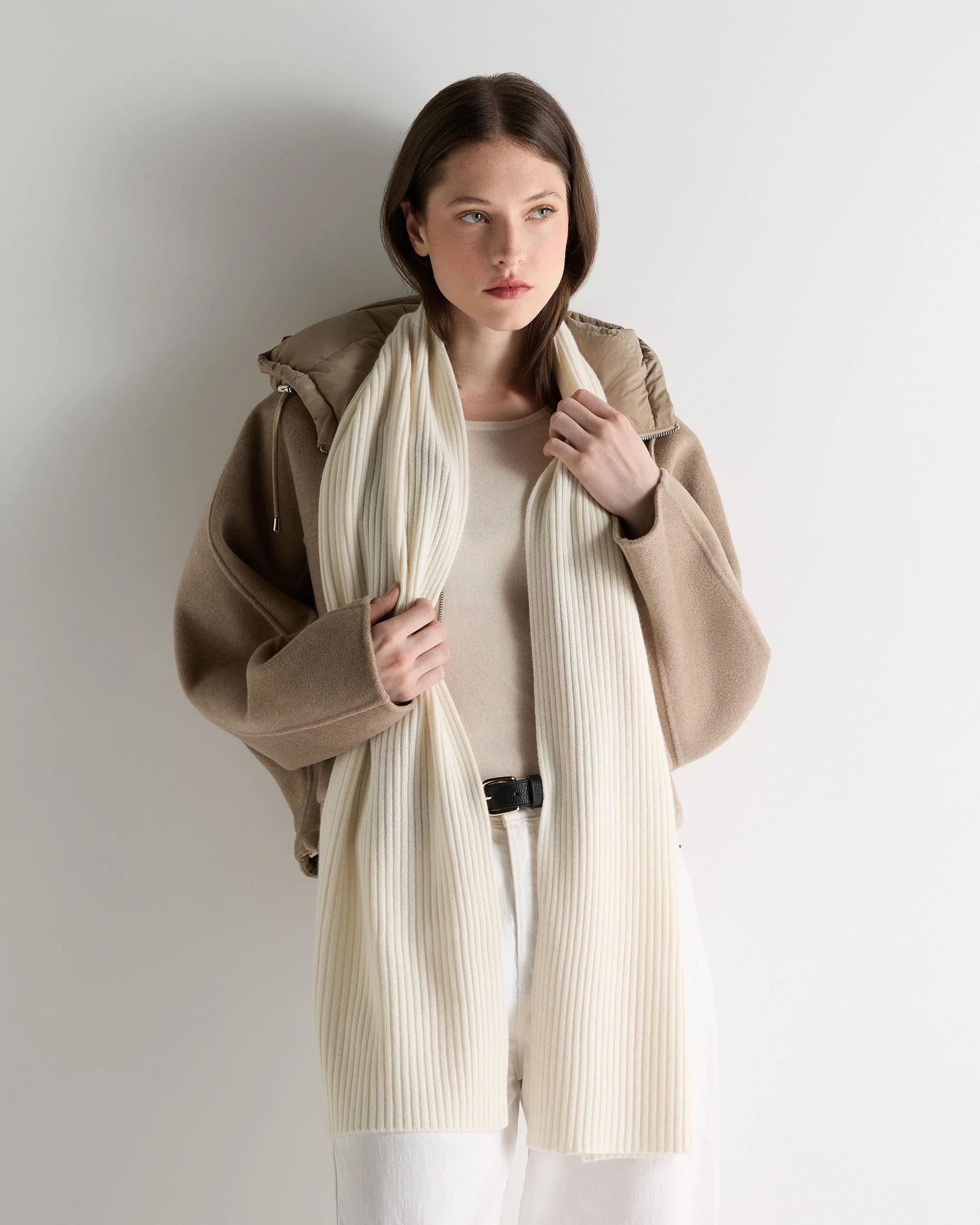 Unisex Short Ribbed Cashmere Scarf New Ivory White - Image 3