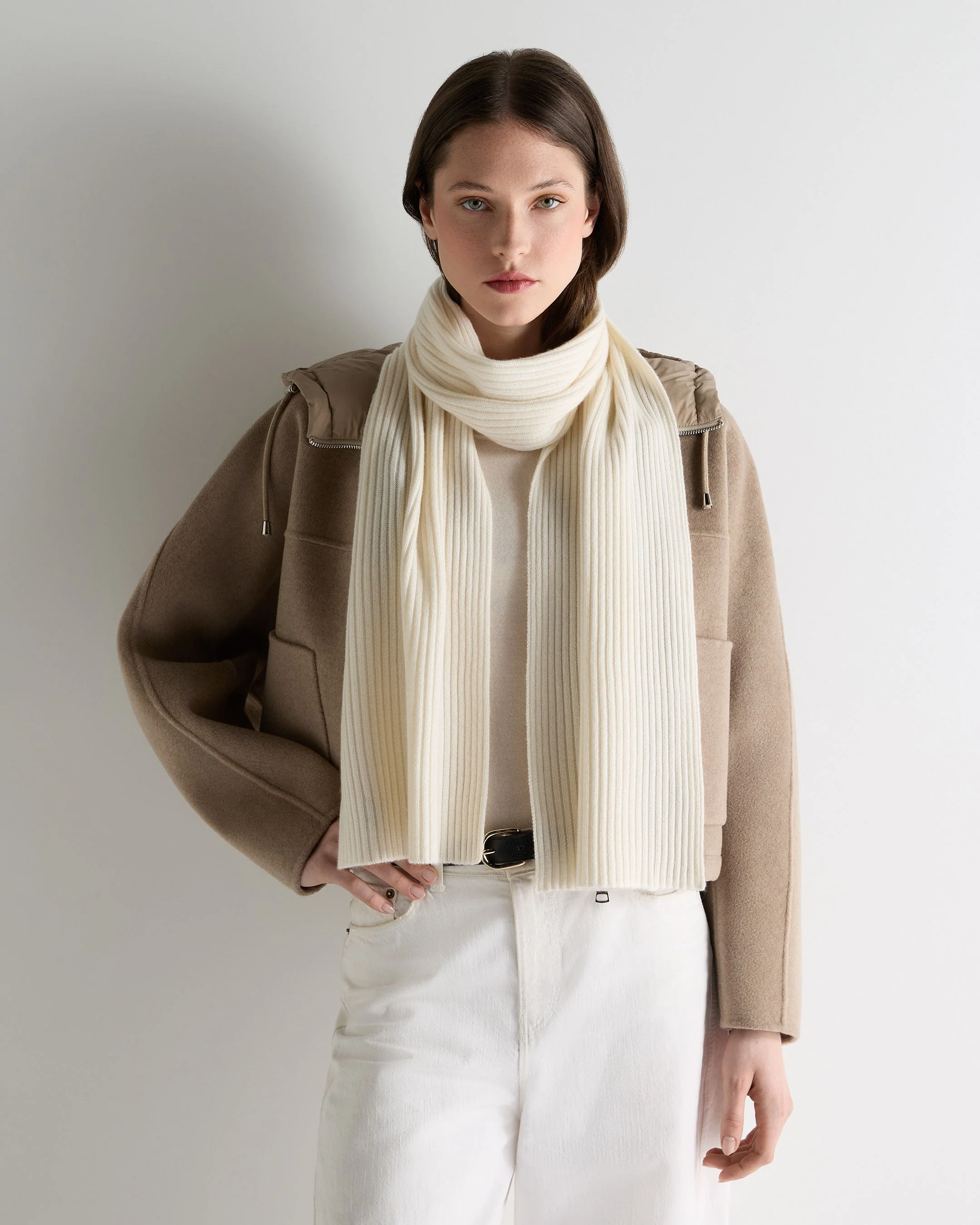 Unisex Short Ribbed Cashmere Scarf New Ivory White - Image 5
