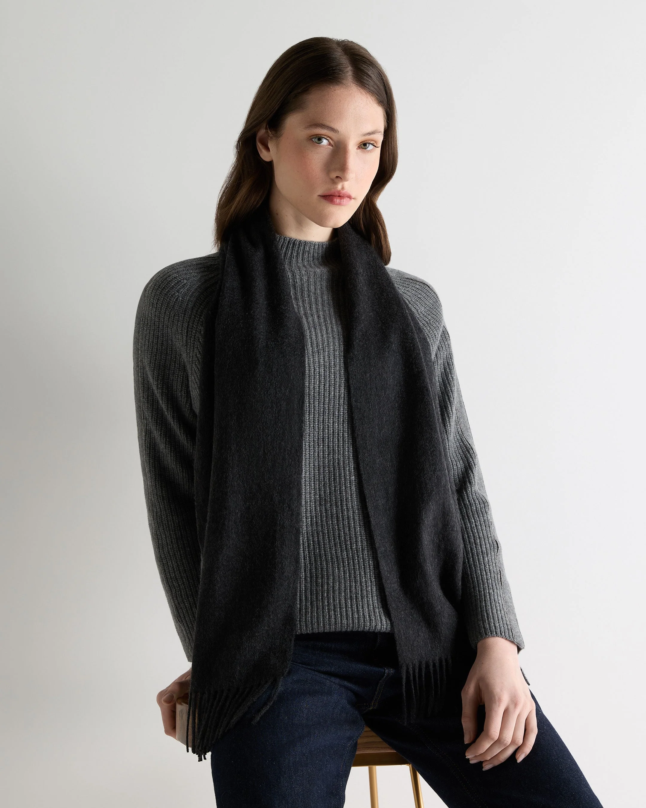 Unisex Woven Cashmere Scarf Deep Charcoal Grey - Image 4