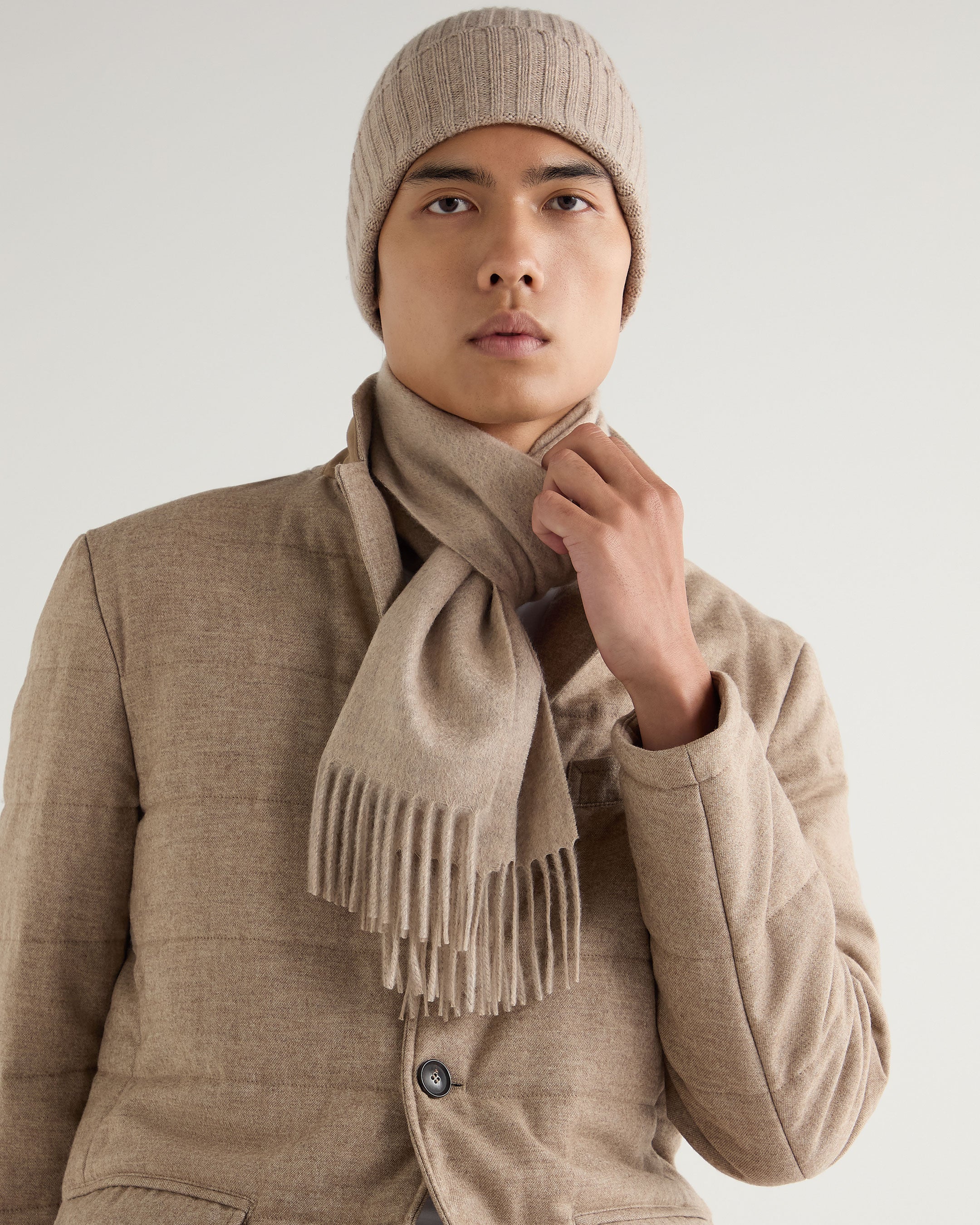 Unisex Woven Cashmere Scarf Oatmeal Brown - Image 3