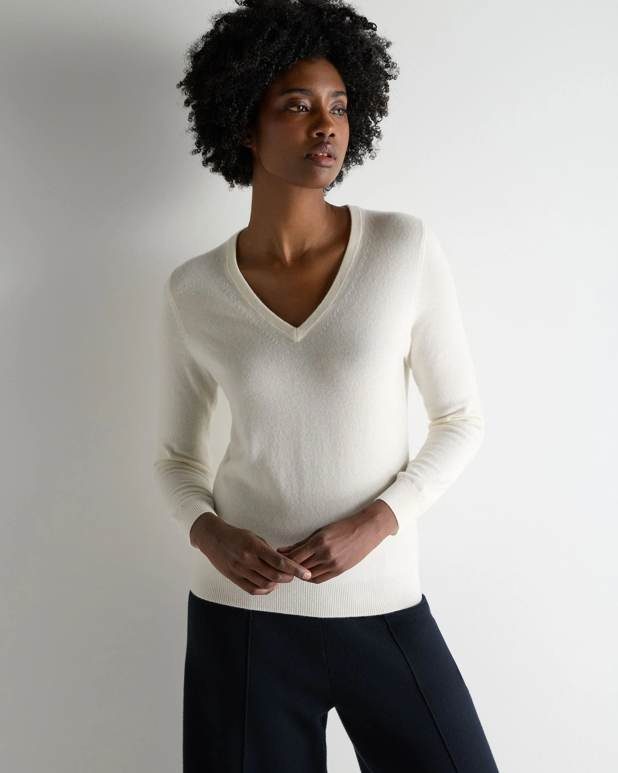 Women's Phoebe V Neck Cashmere Sweater New Ivory White