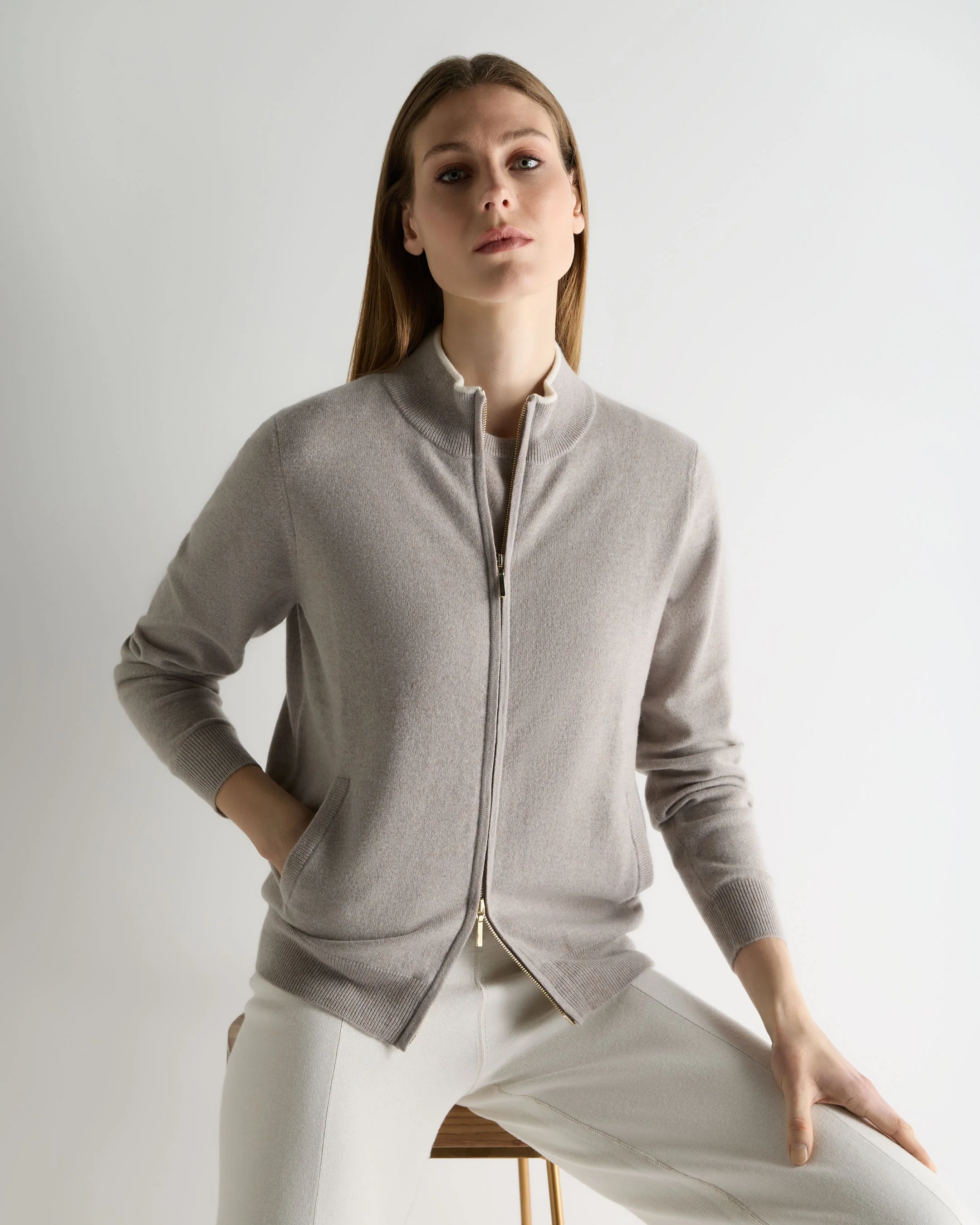 Women's Alisa Full Zip Cashmere Cardigan Oat Grey