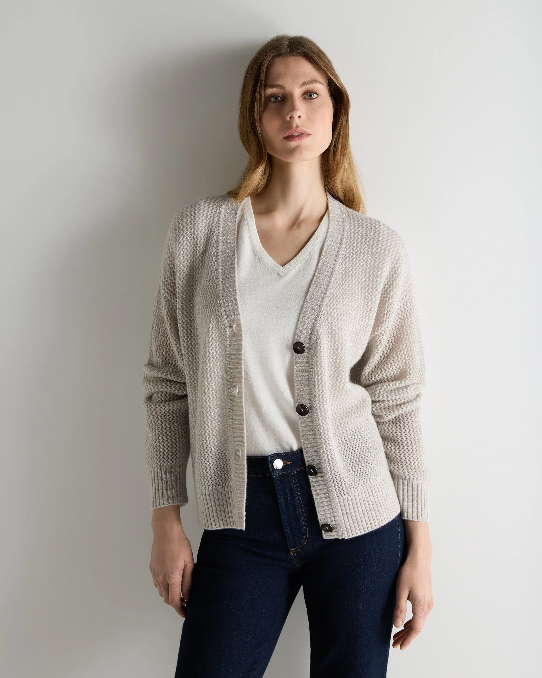 Women's Azure Stitch Cashmere Cardigan Pebble Grey Sparkle