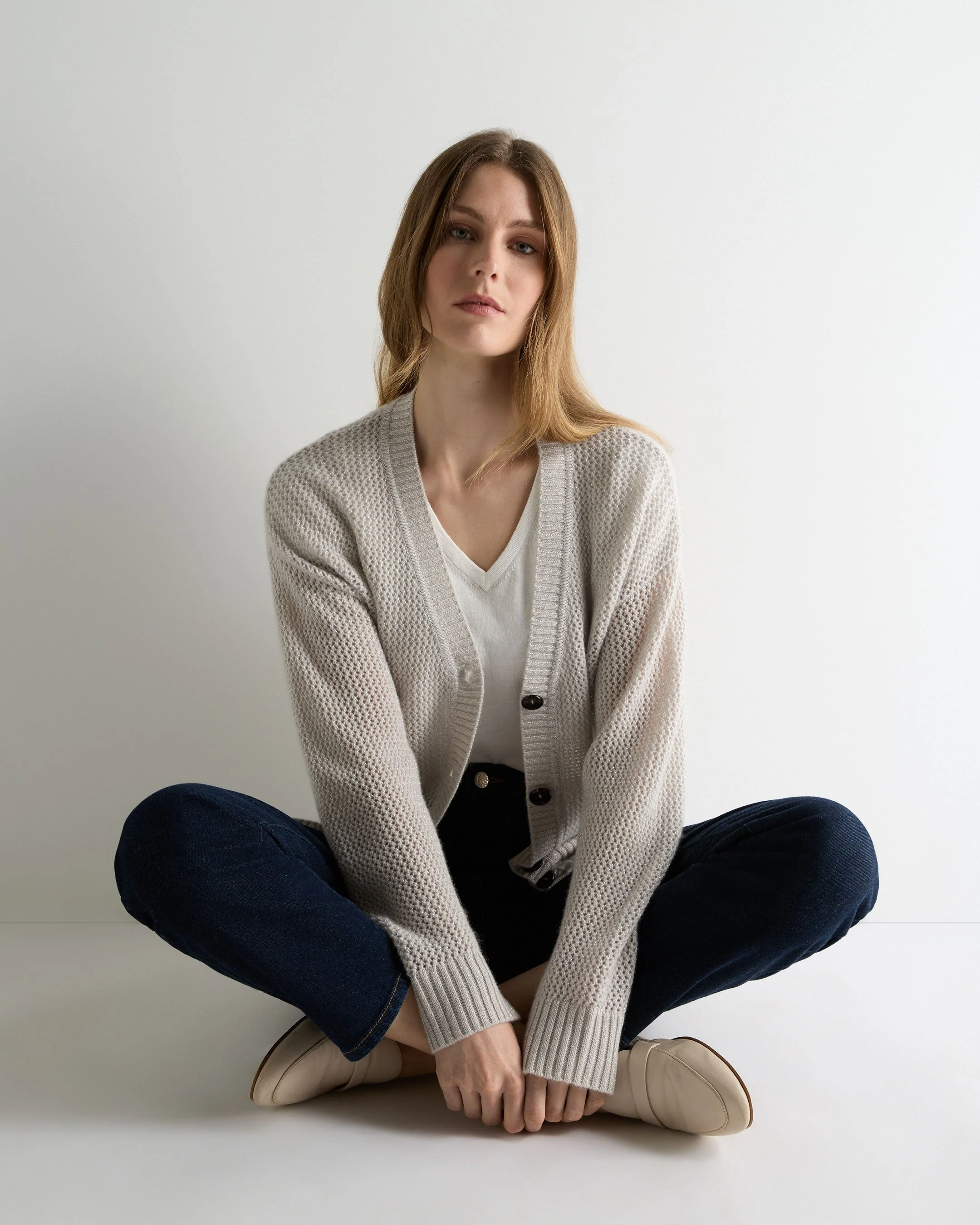 Women's Azure Stitch Cashmere Cardigan Pebble Grey Sparkle - Image 3