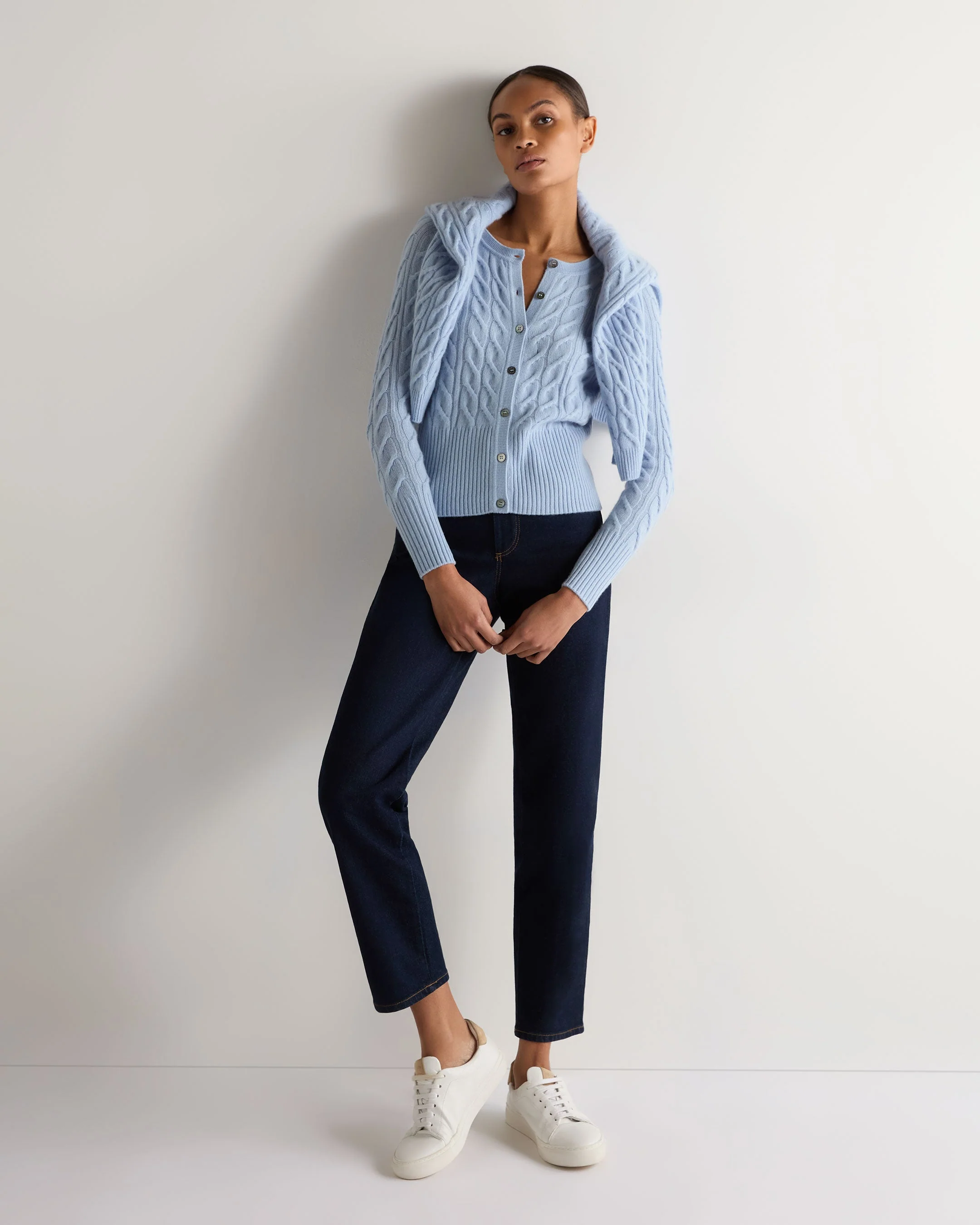 Women's Myla Cable Cashmere Cardigan Sea Mist Blue - Image 3
