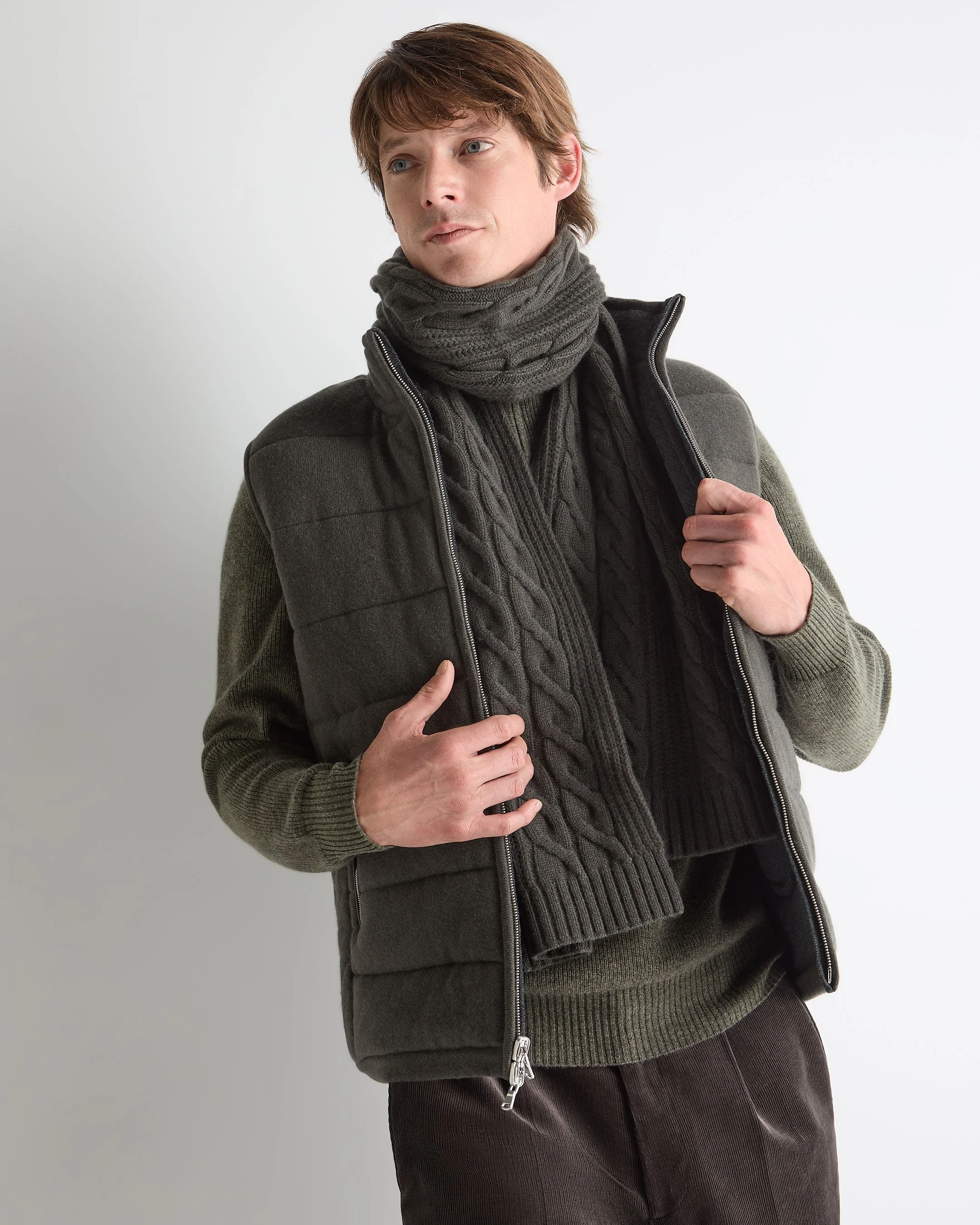 Unisex Cable Rib Cashmere Scarf Arabica Khaki Green - Image 4
