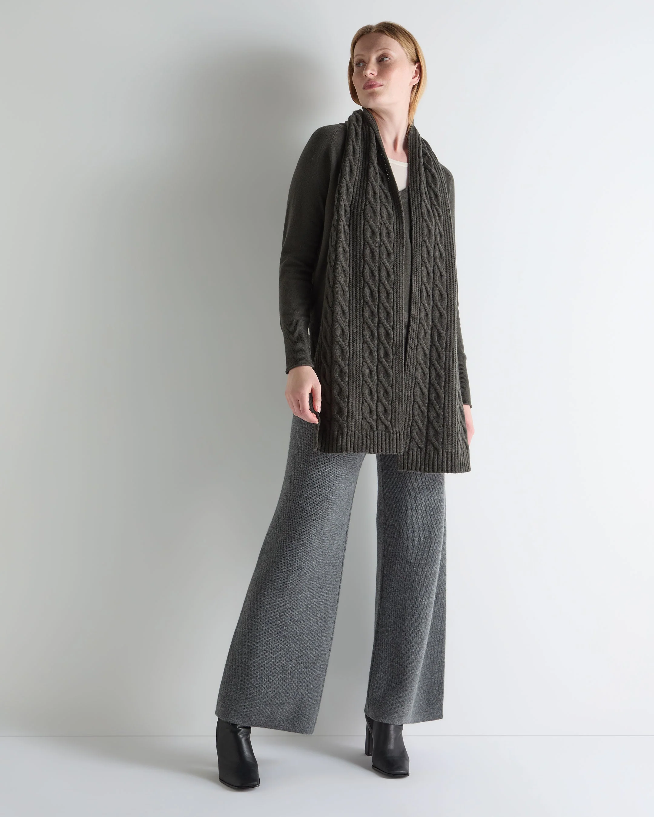 Unisex Cable Rib Cashmere Scarf Arabica Khaki Green - Image 5