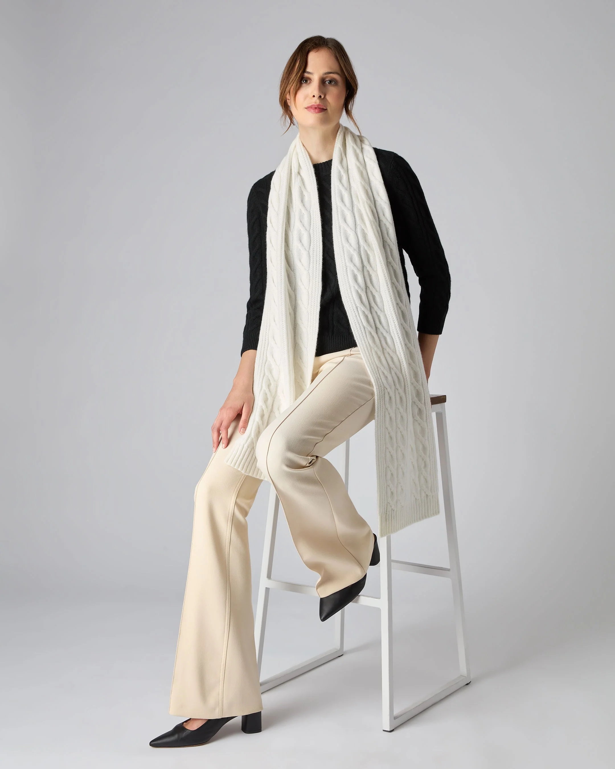 Unisex Cable Rib Cashmere Scarf New Ivory White - Image 3