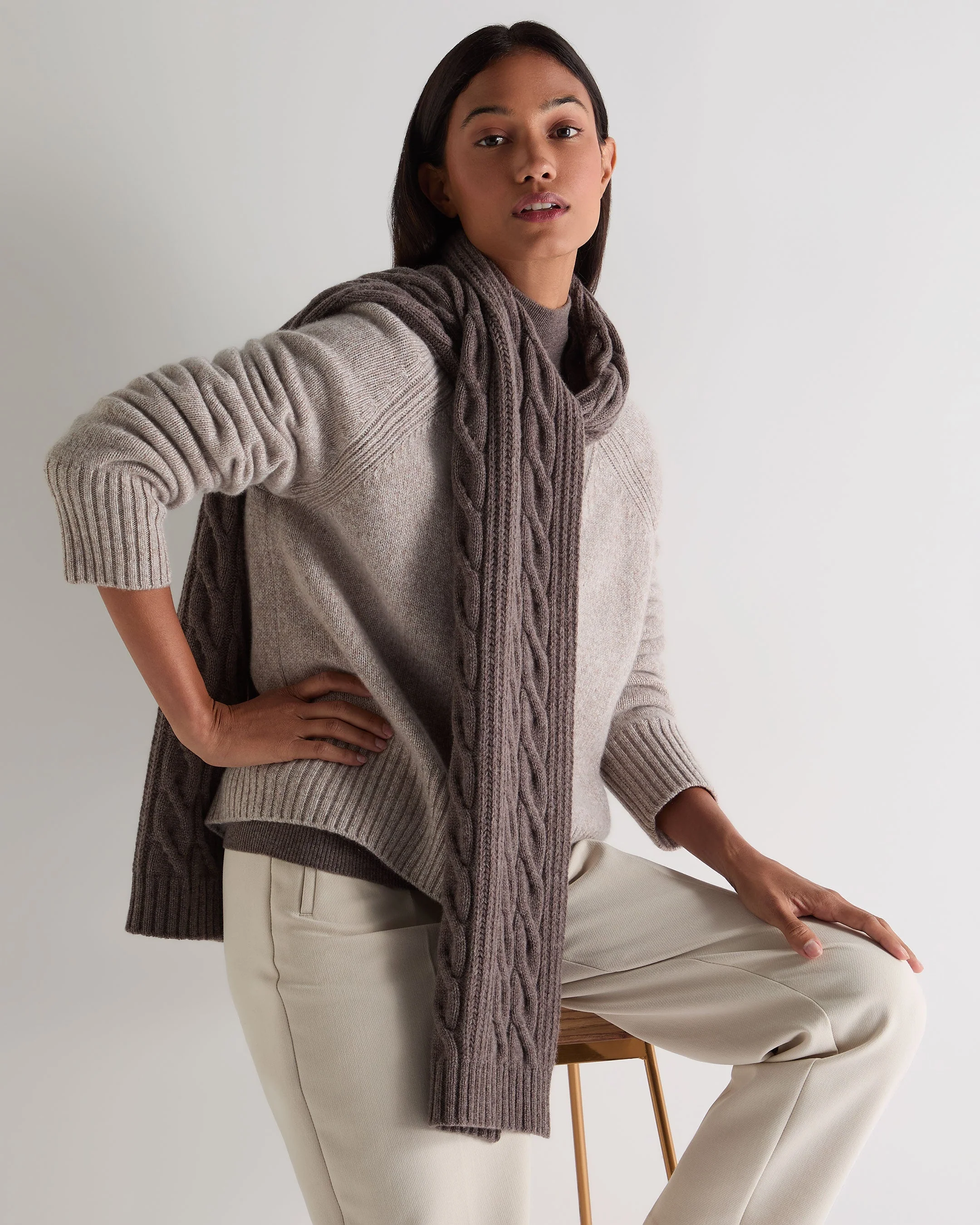 Unisex Cable Rib Cashmere Scarf Otter Brown - Image 3