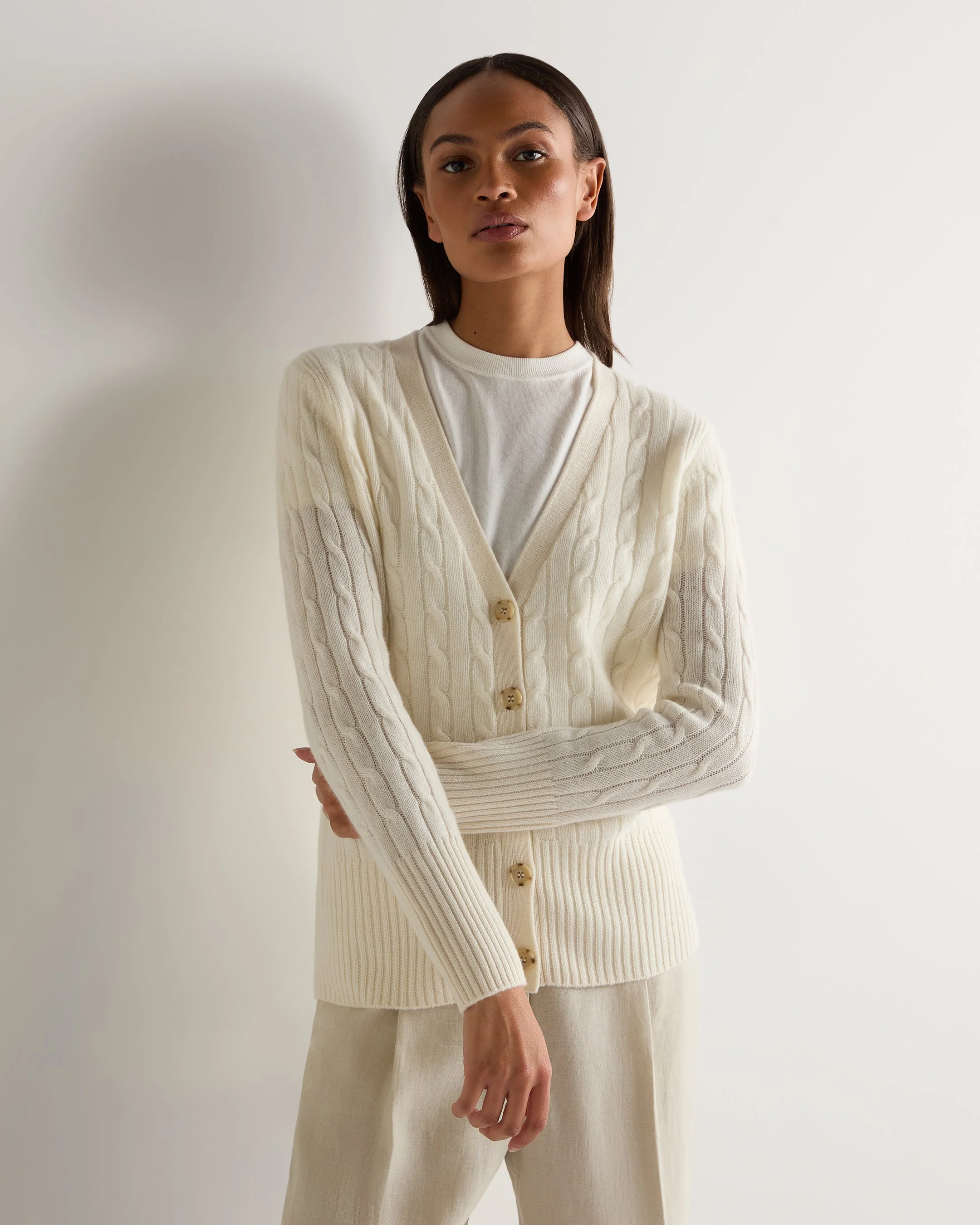 Women's Clara Cable V Neck Cashmere Cardigan New Ivory White