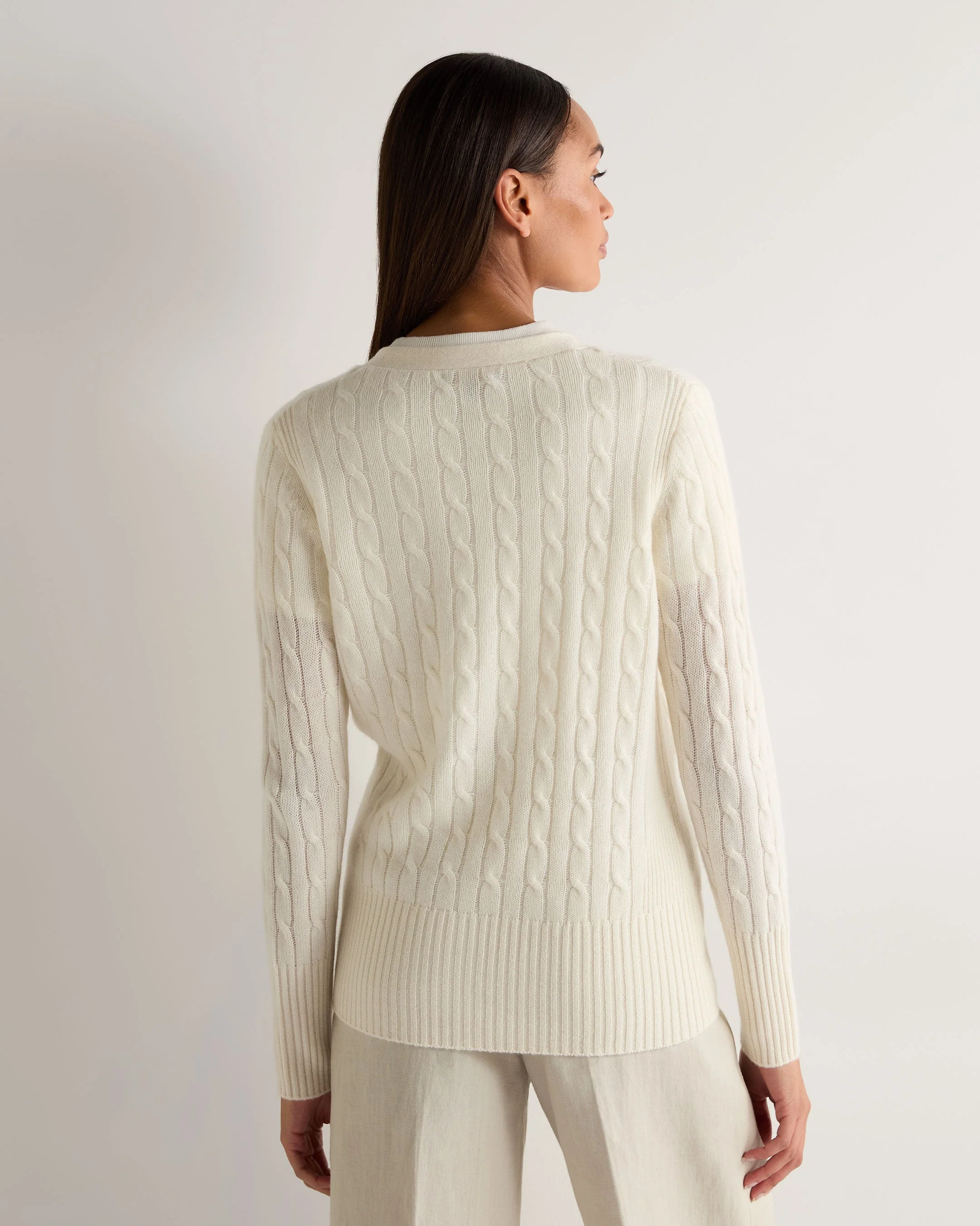 Women's Clara Cable V Neck Cashmere Cardigan New Ivory White - Image 4
