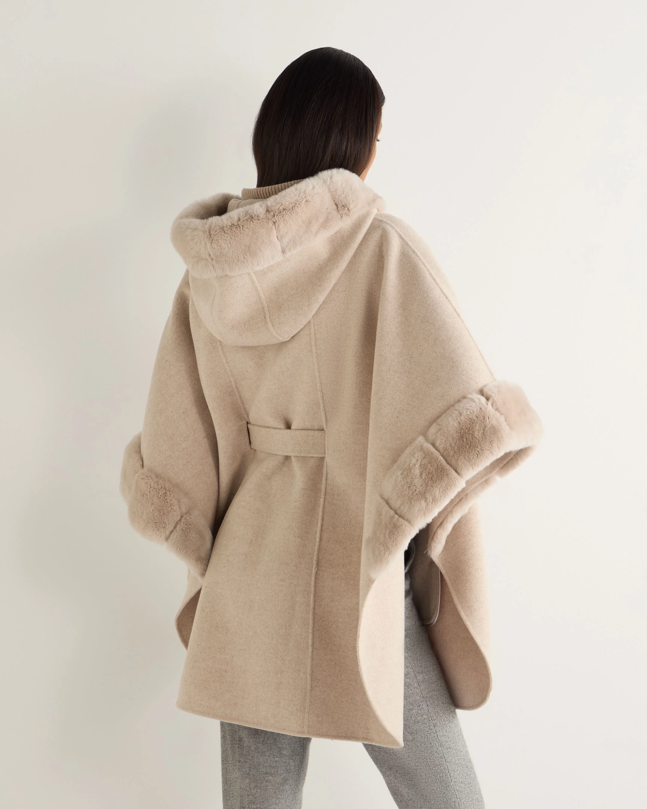 Women's Poppy Cape With Fur Trim Sand Brown - Image 4