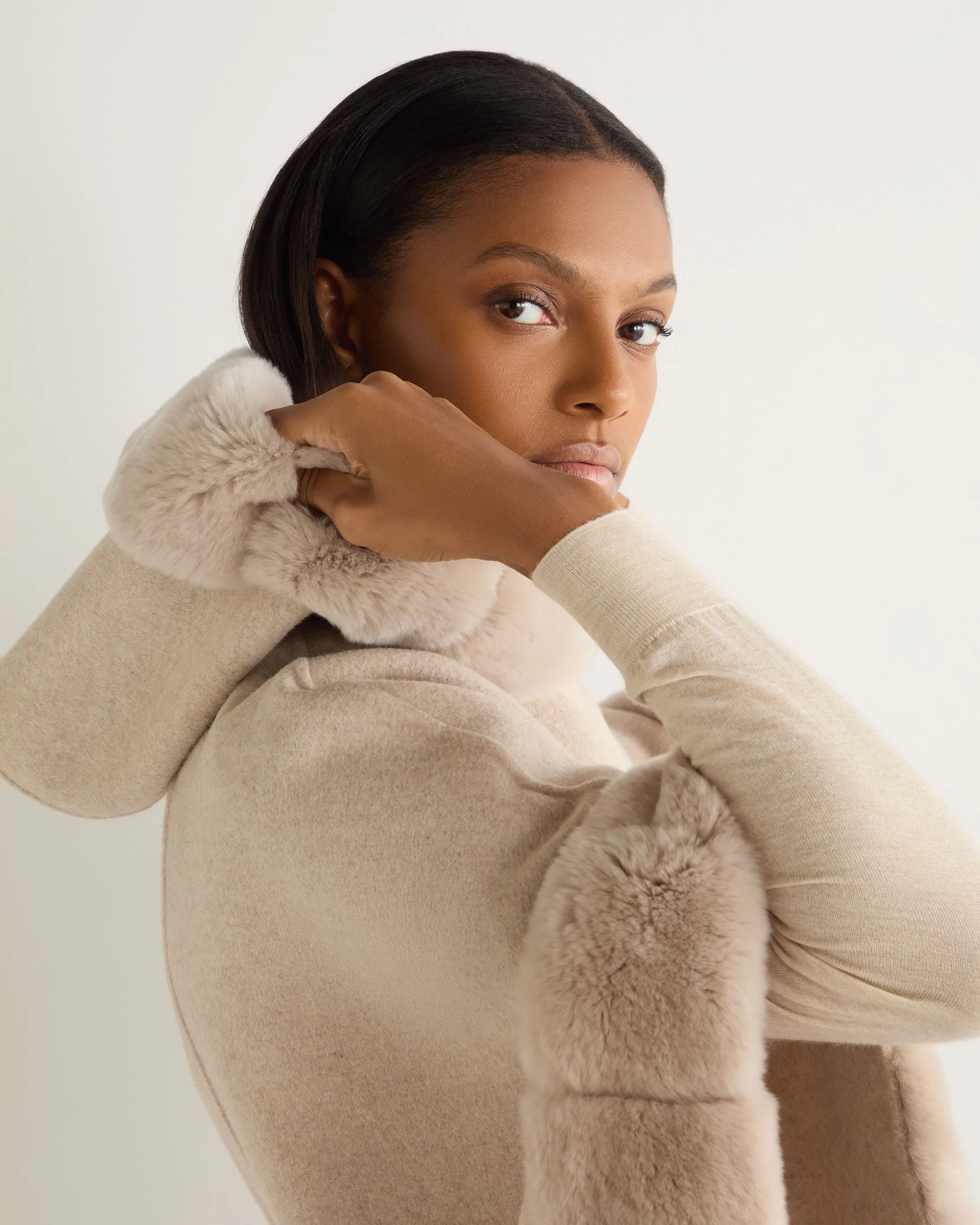 Women's Poppy Cape With Fur Trim Sand Brown - Image 6
