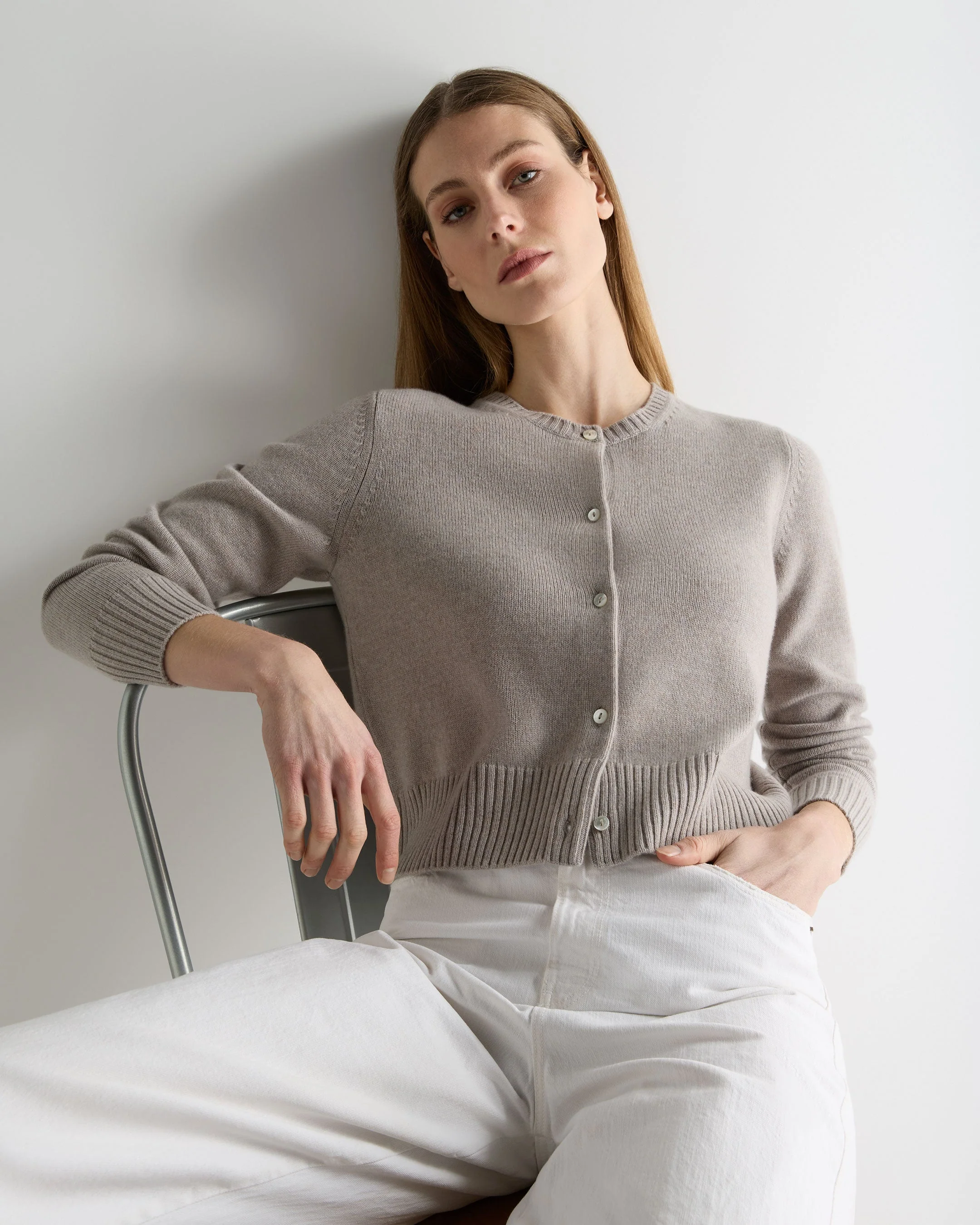 Women's Chunky Crop Cashmere Cardigan Oat Grey