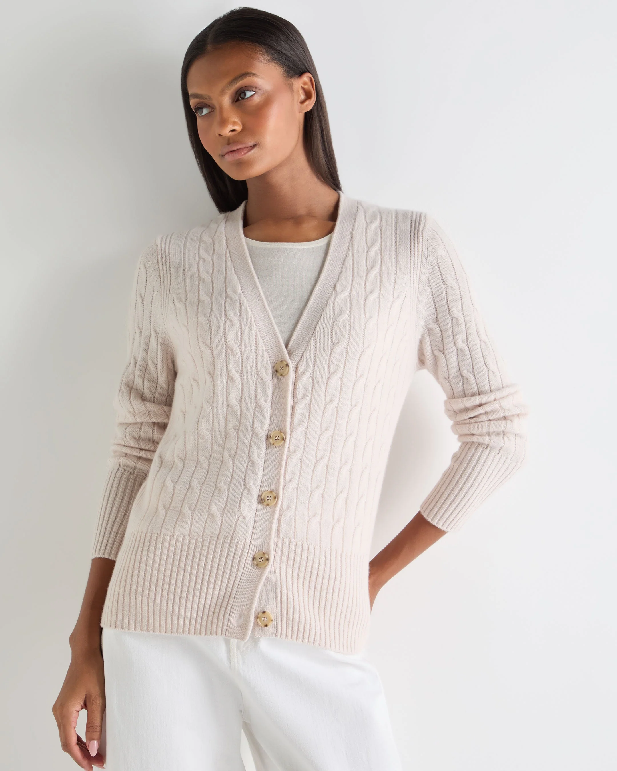 Women's Clara Cable V Neck Cashmere Cardigan Dove Pink
