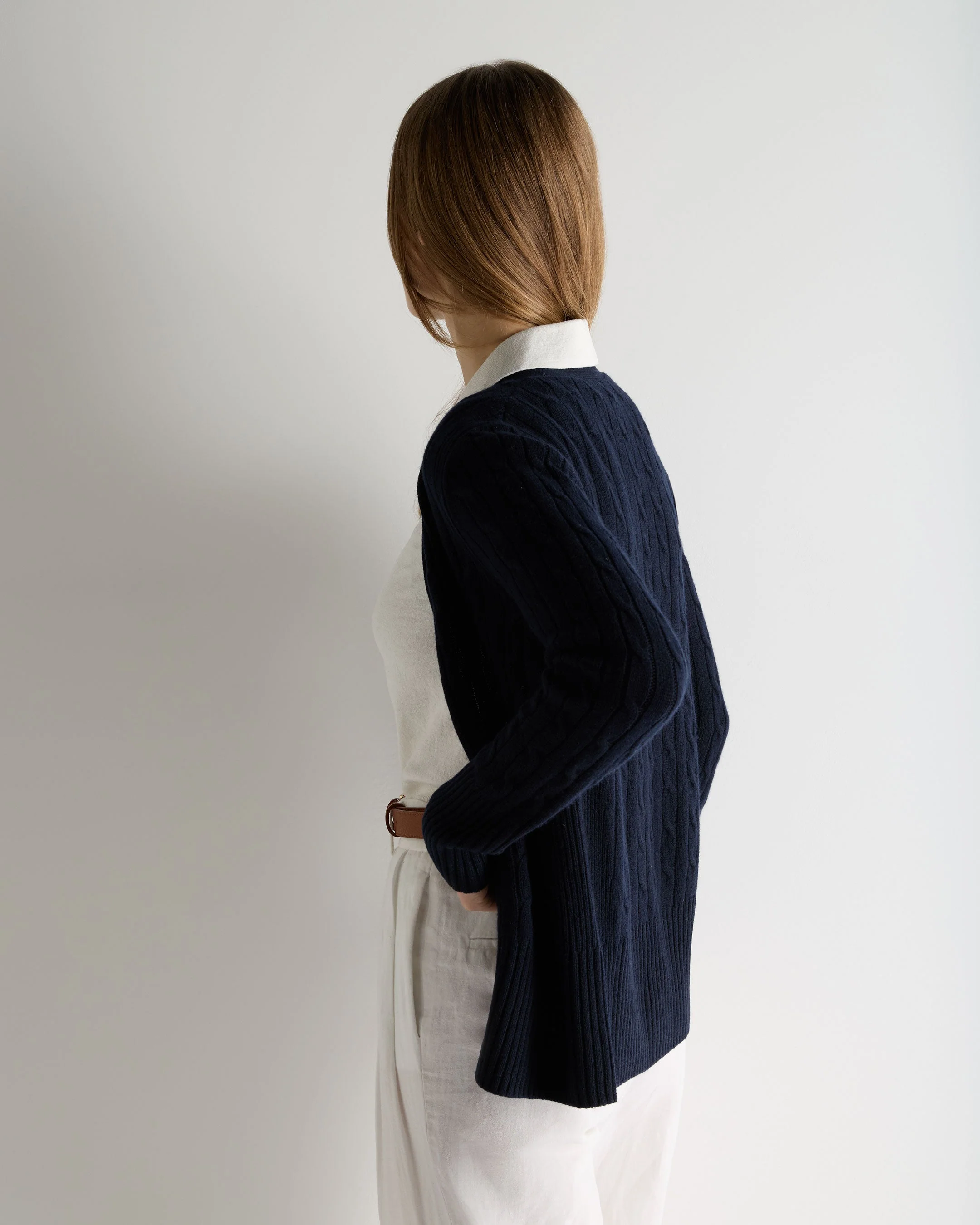 Women's Clara Cable V Neck Cashmere Cardigan Navy Blue - Image 4