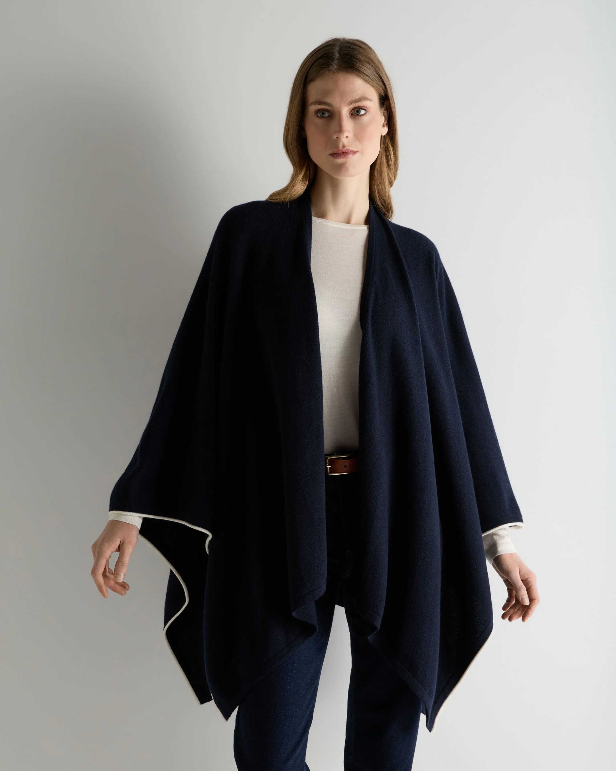 Women's Contrast Trim Cashmere Cape Navy Blue