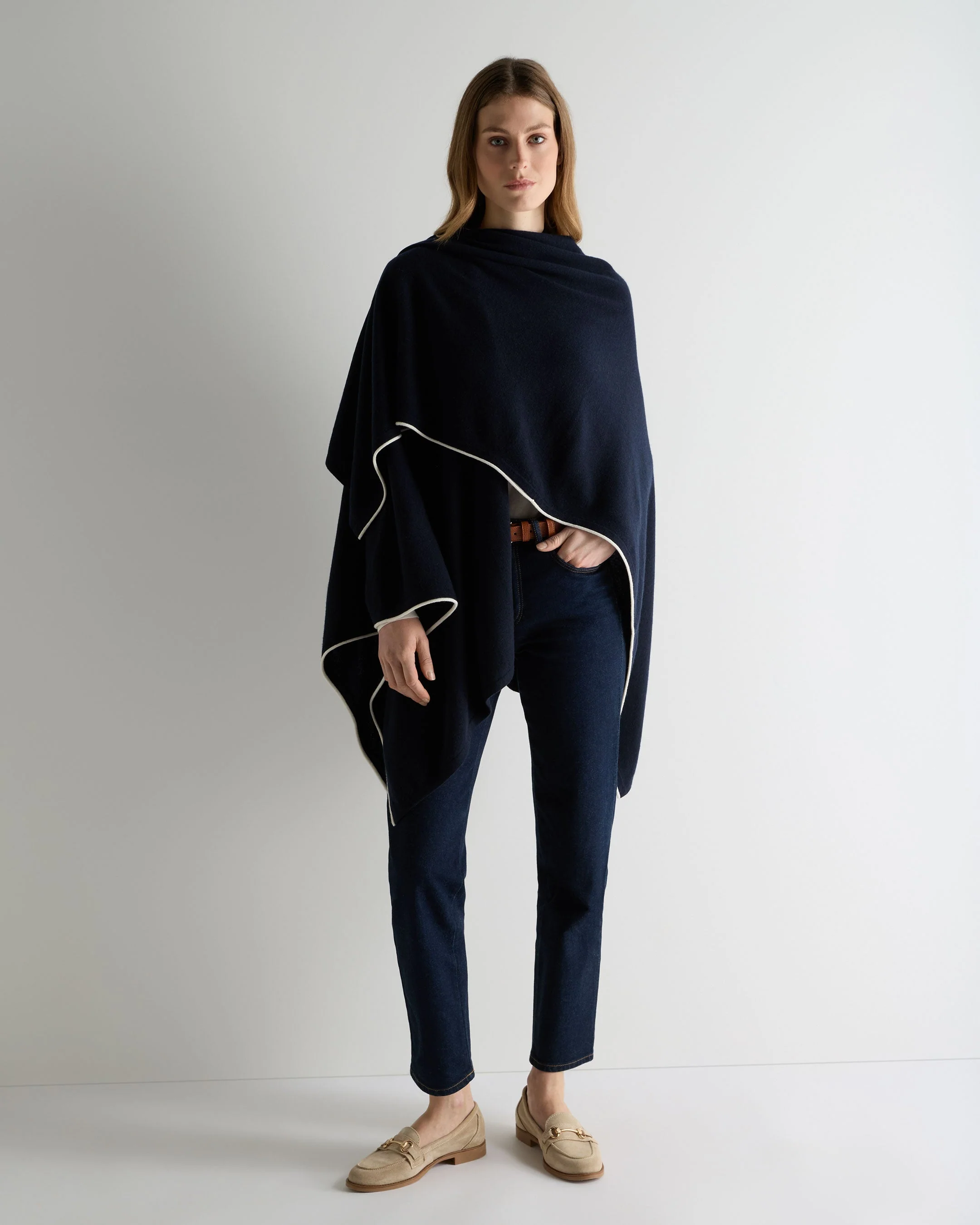 Women's Contrast Trim Cashmere Cape Navy Blue - Image 3