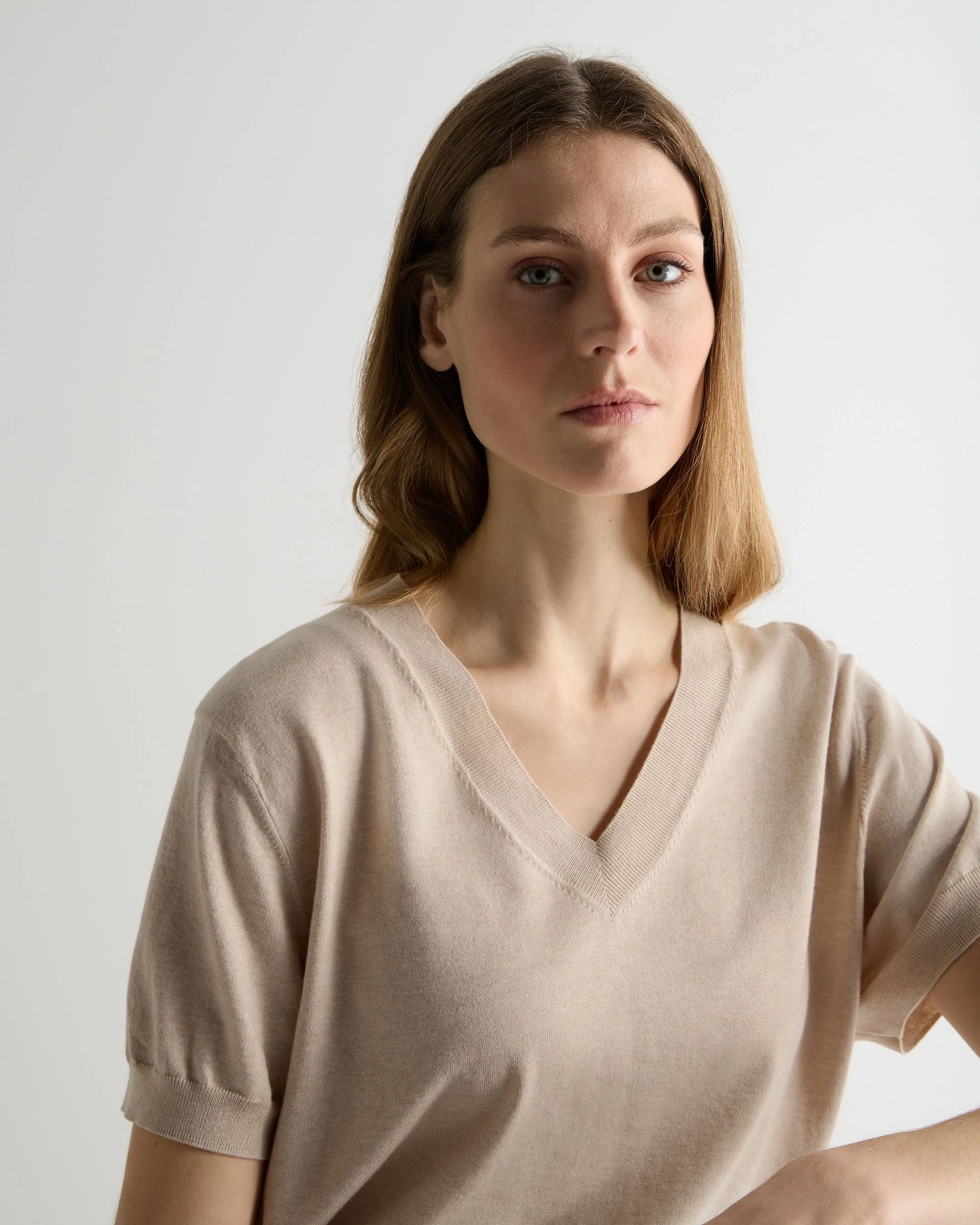 Women's Cotton Blend V Neck Top Sandstone Brown - Image 5