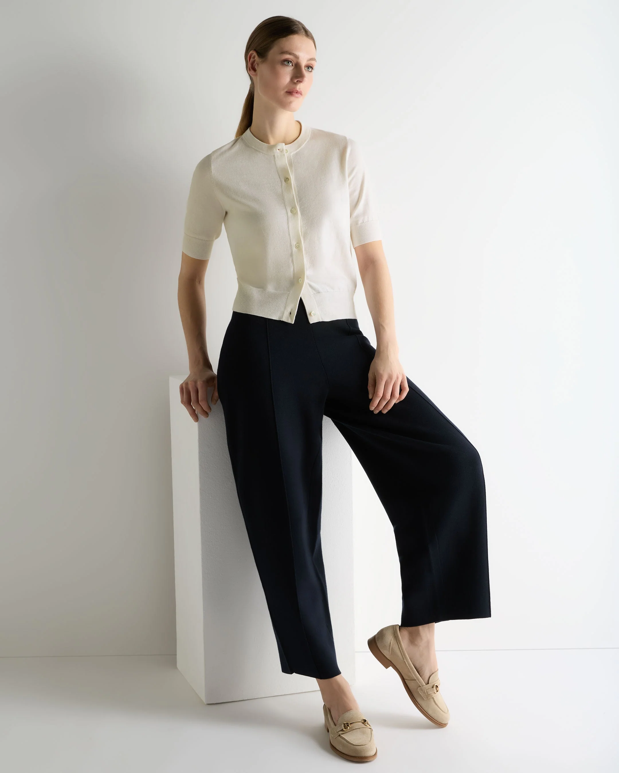Women's Cotton Cashmere Short Sleeve Cardigan New Ivory White - Image 3