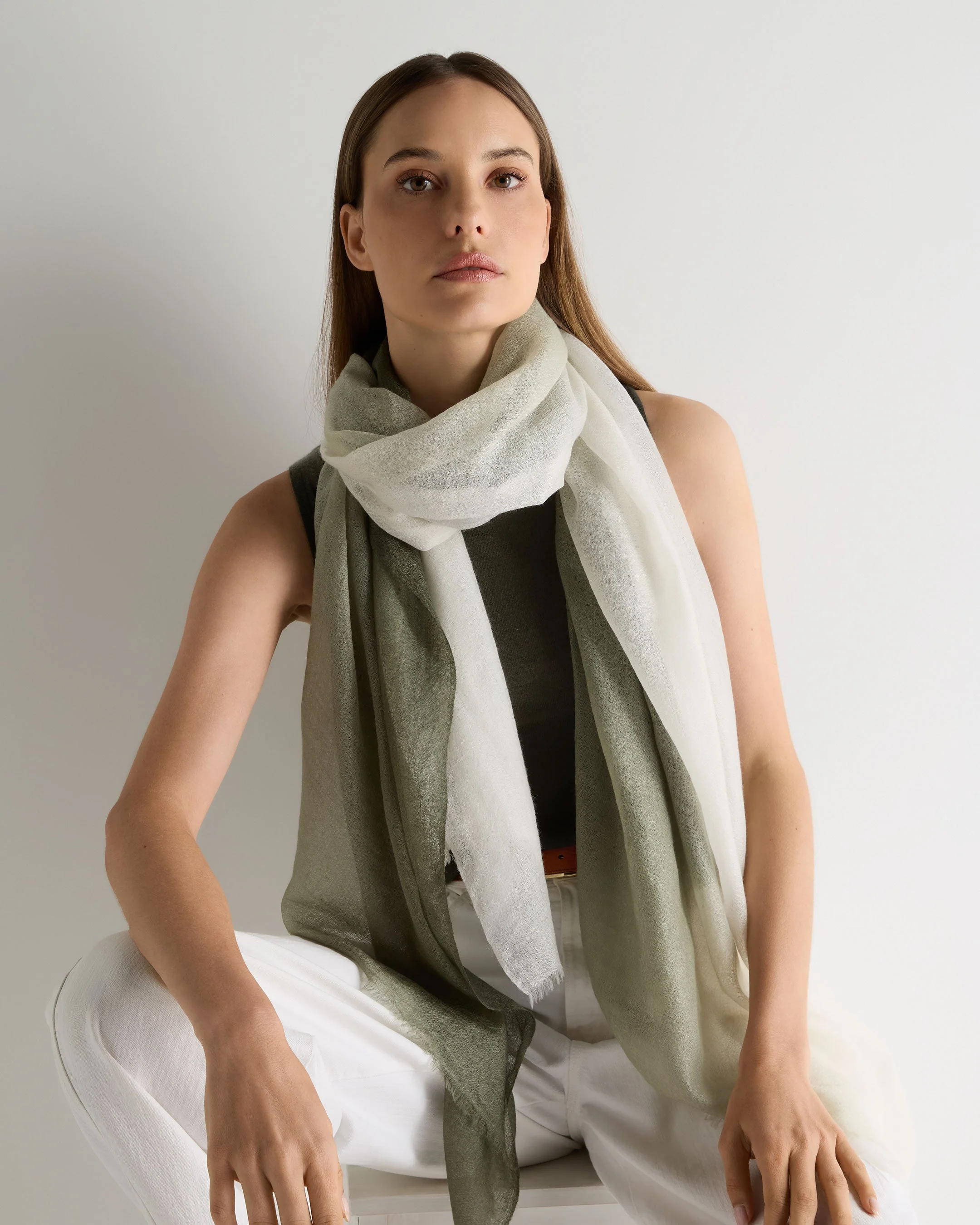 Women's Dip Dye Cashmere Scarf Olive Green - Image 2