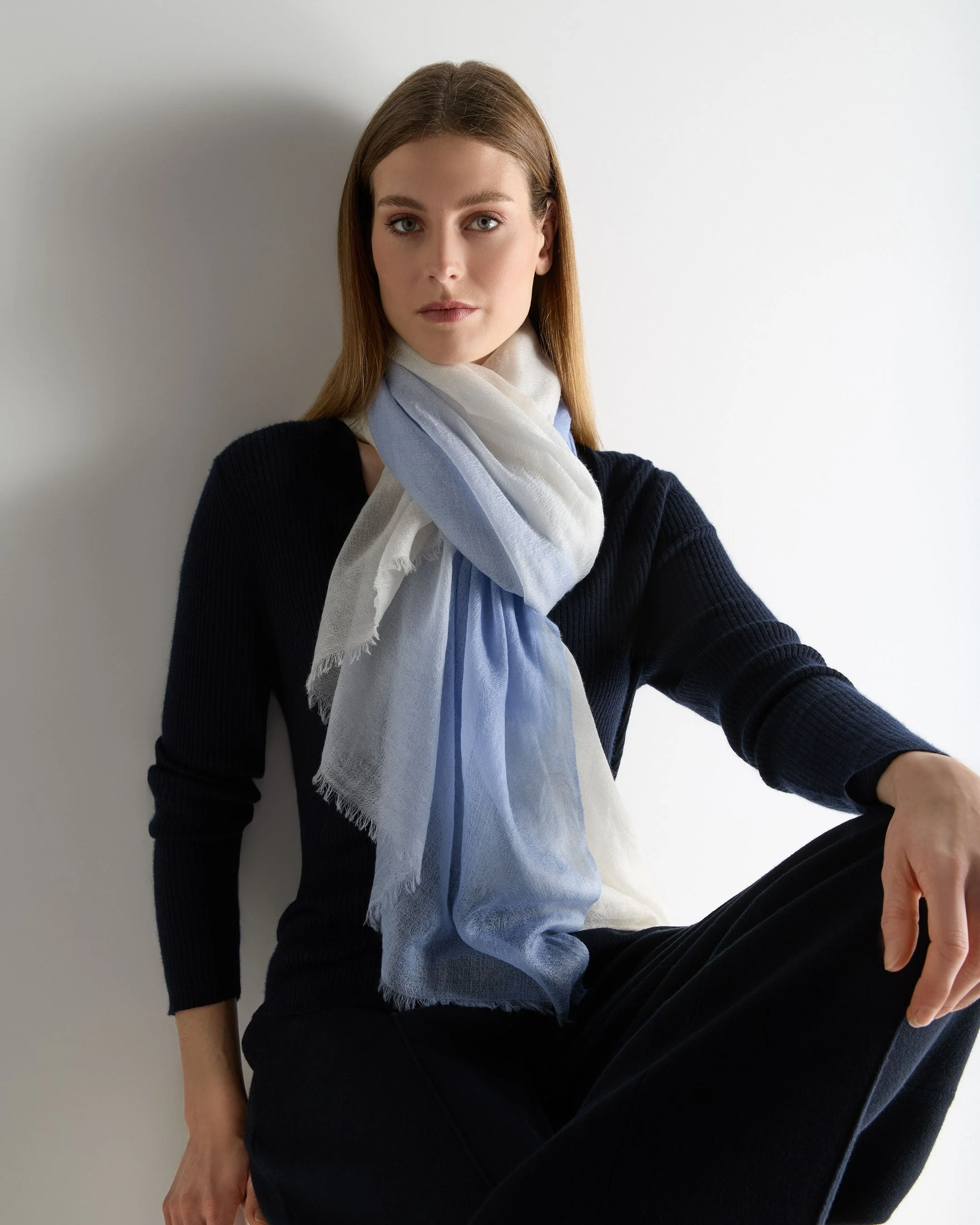 Women's Dip Dye Cashmere Scarf Sea Mist Blue - Image 3